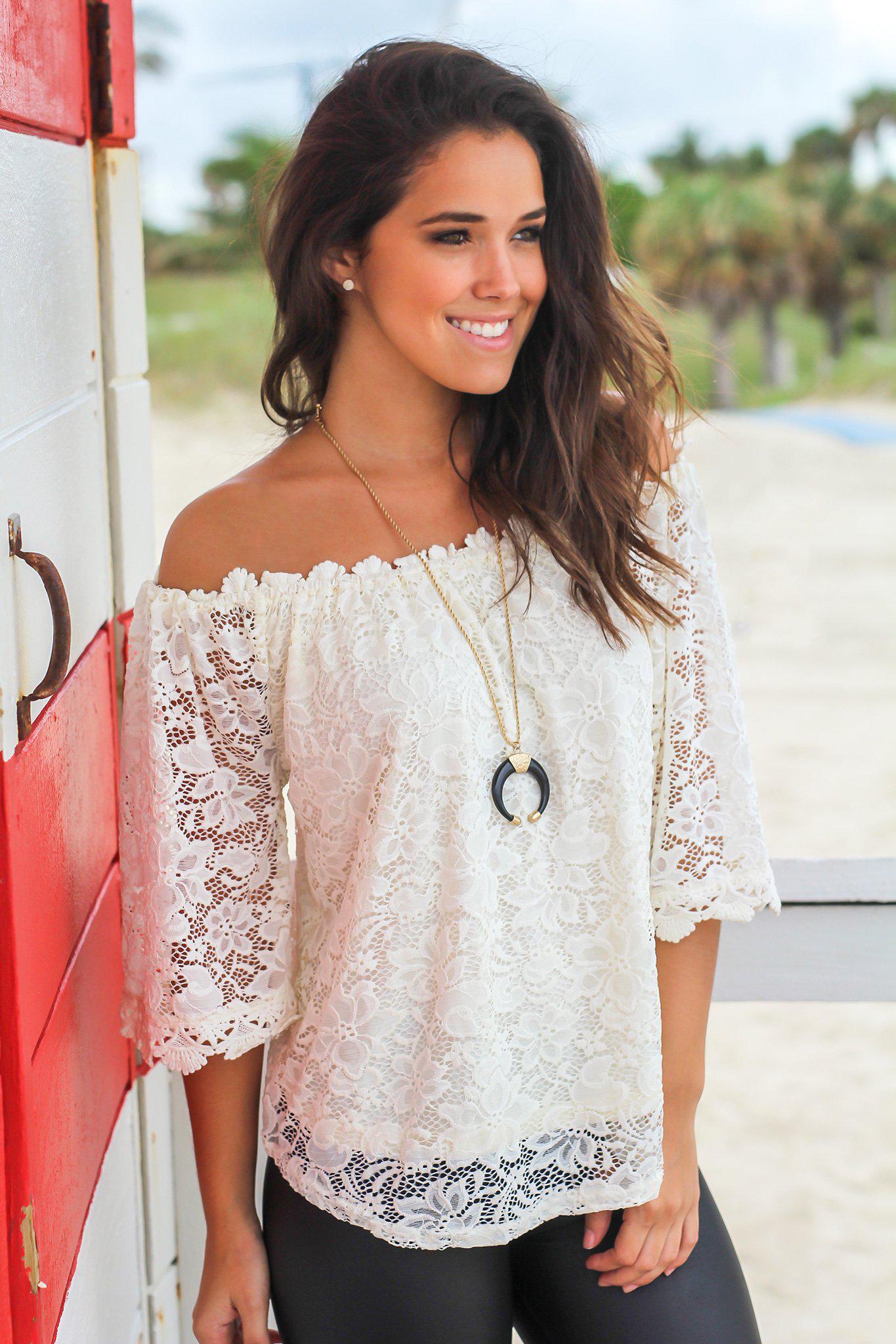 Women's Cream-colored Lace Off-the-shoulder Casual Top
