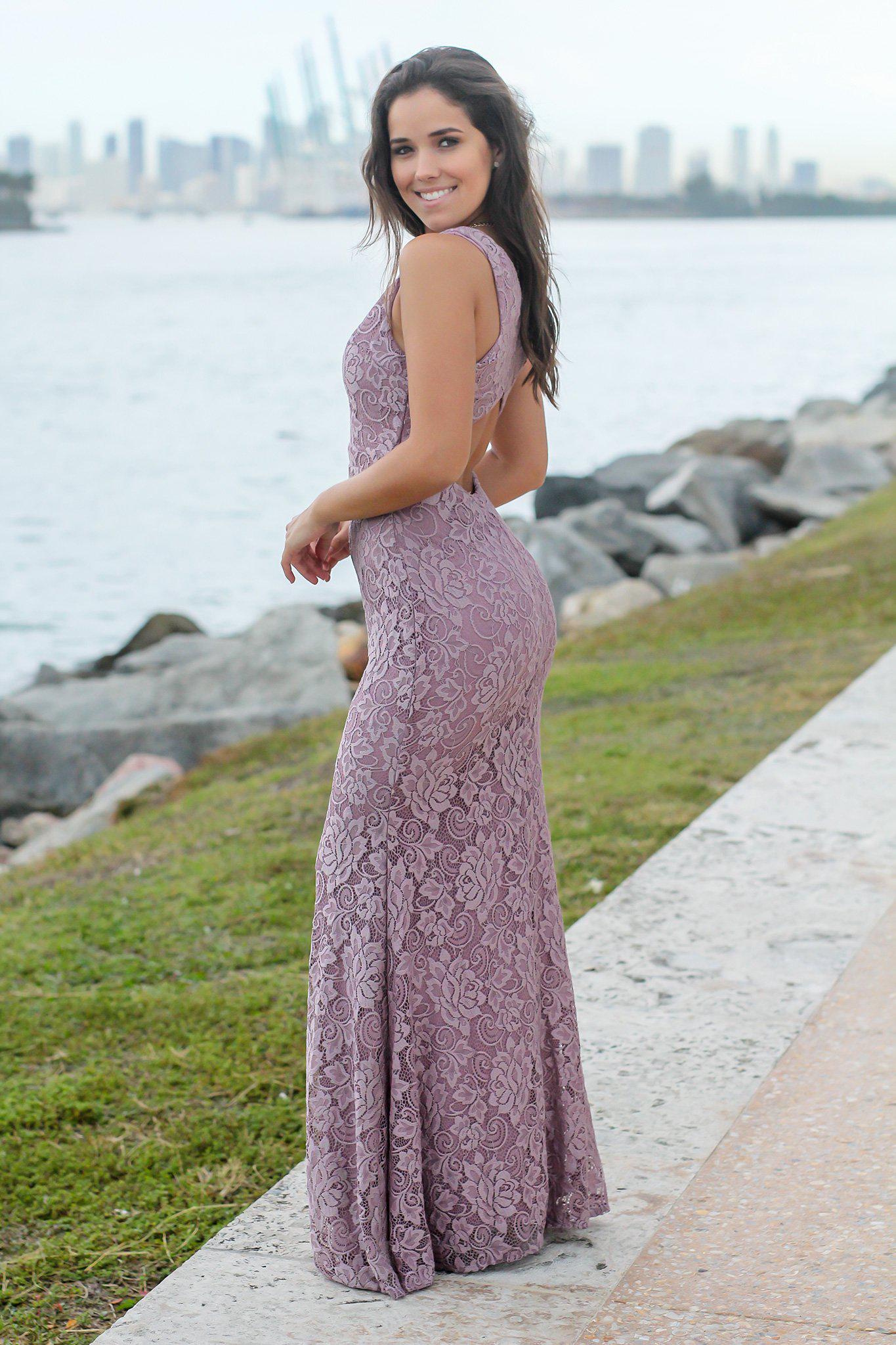 Elegant Women's Mauve Floral Lace Mermaid-Style Maxi Dress with Open Lower Back