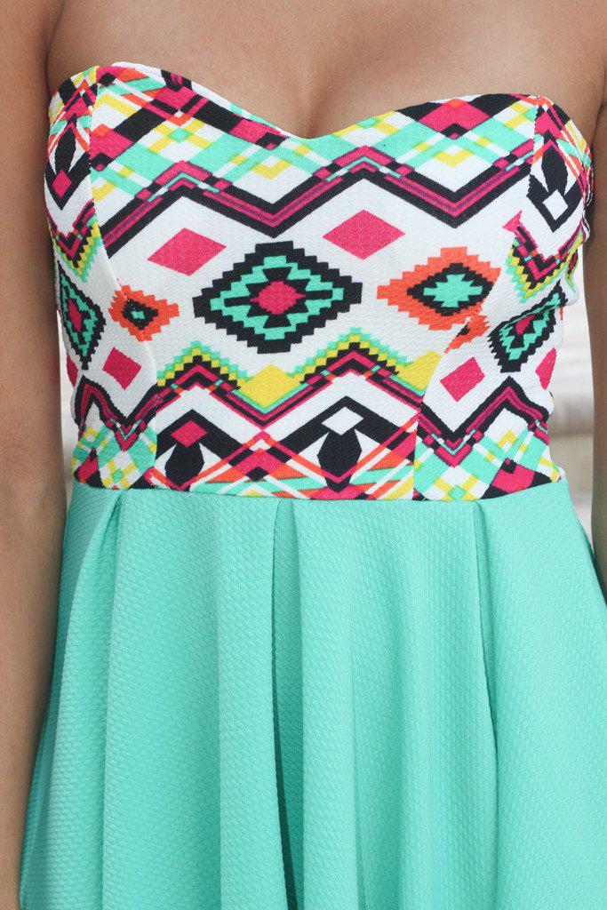 Stylish Mint Aztec-Printed Short Summer Dress for Women