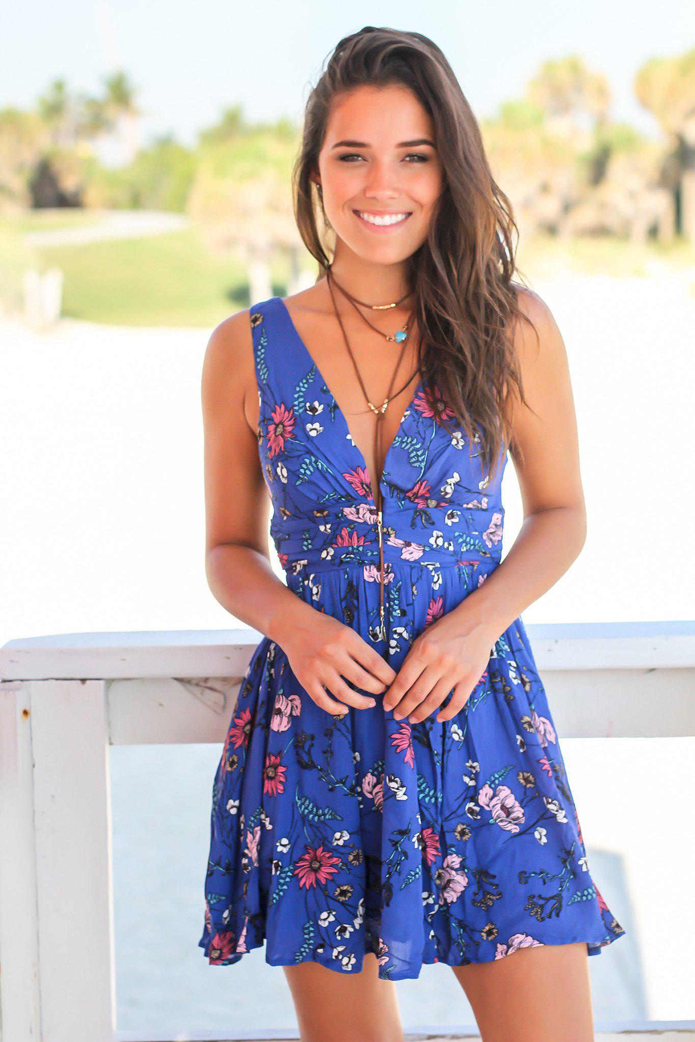 Adorable Short Dusty Blue Floral Dress with Crochet Back Detail