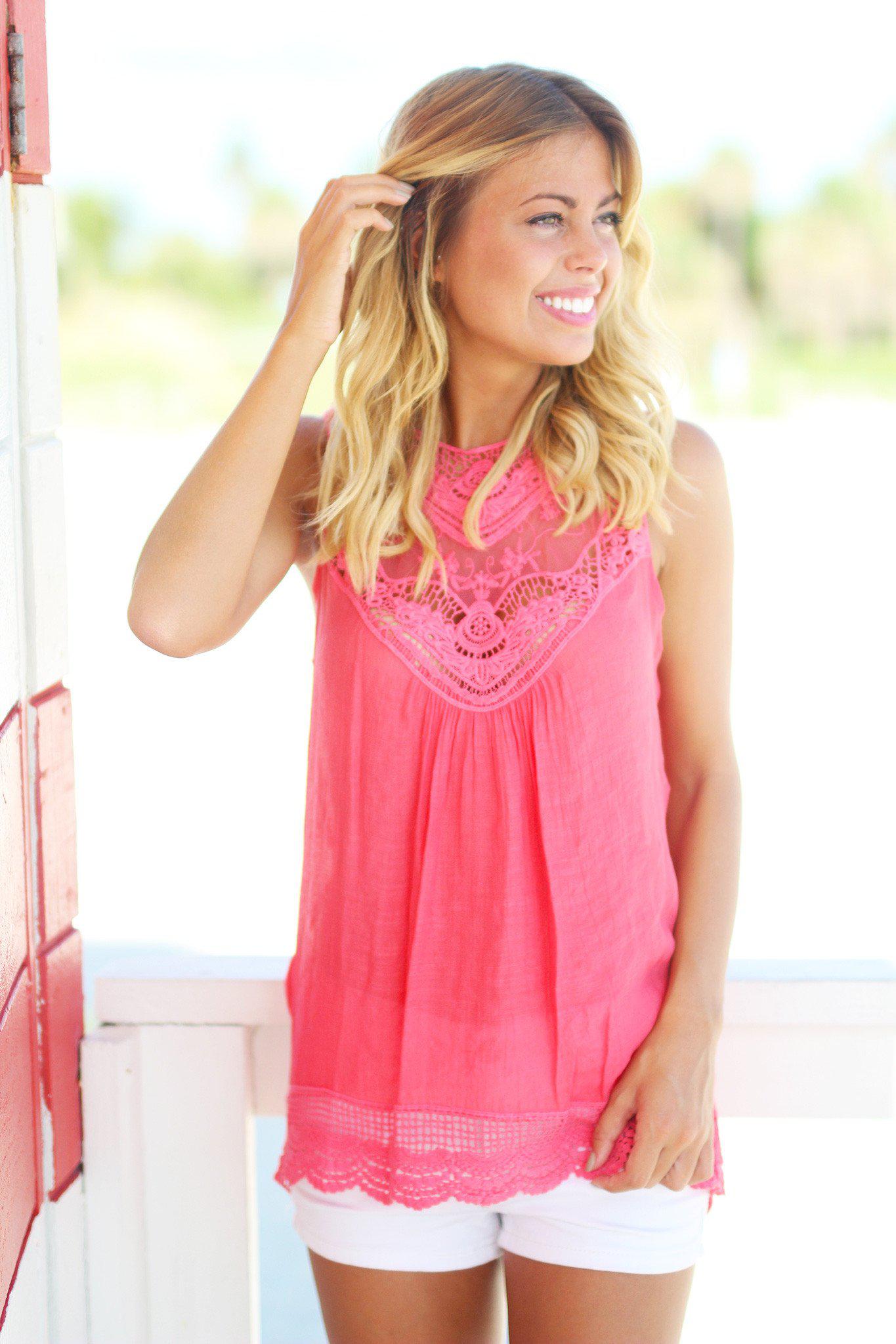 Women's Adorable Coral-Colored Lace Sleeveless Top