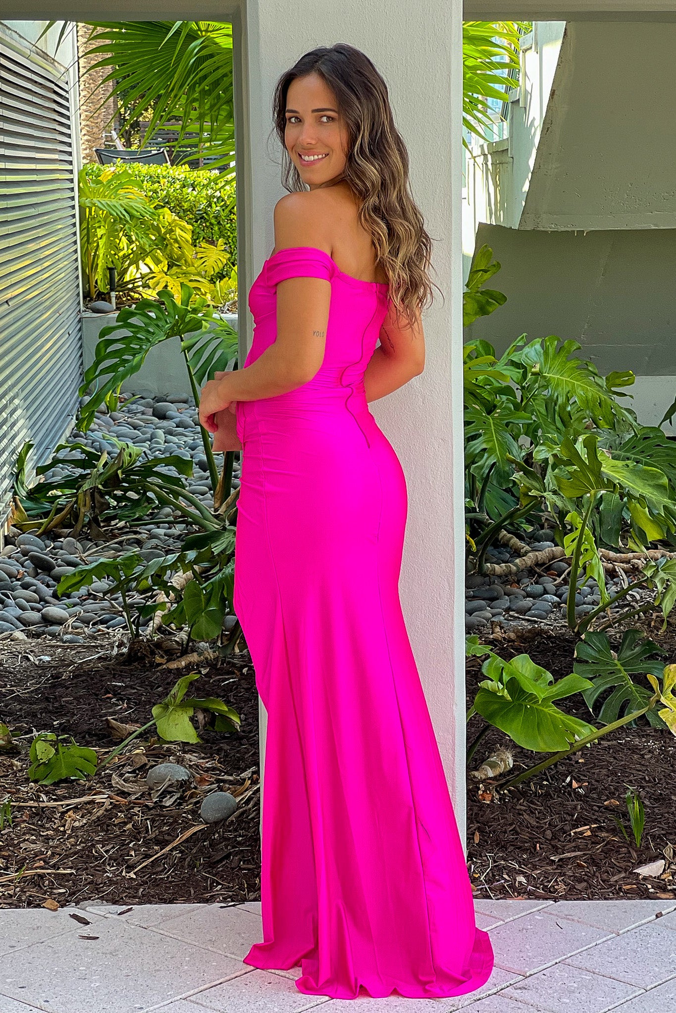 Gorgeous Hot Pink Sleeveless Off - Shoulder Maxi Dress with Slit