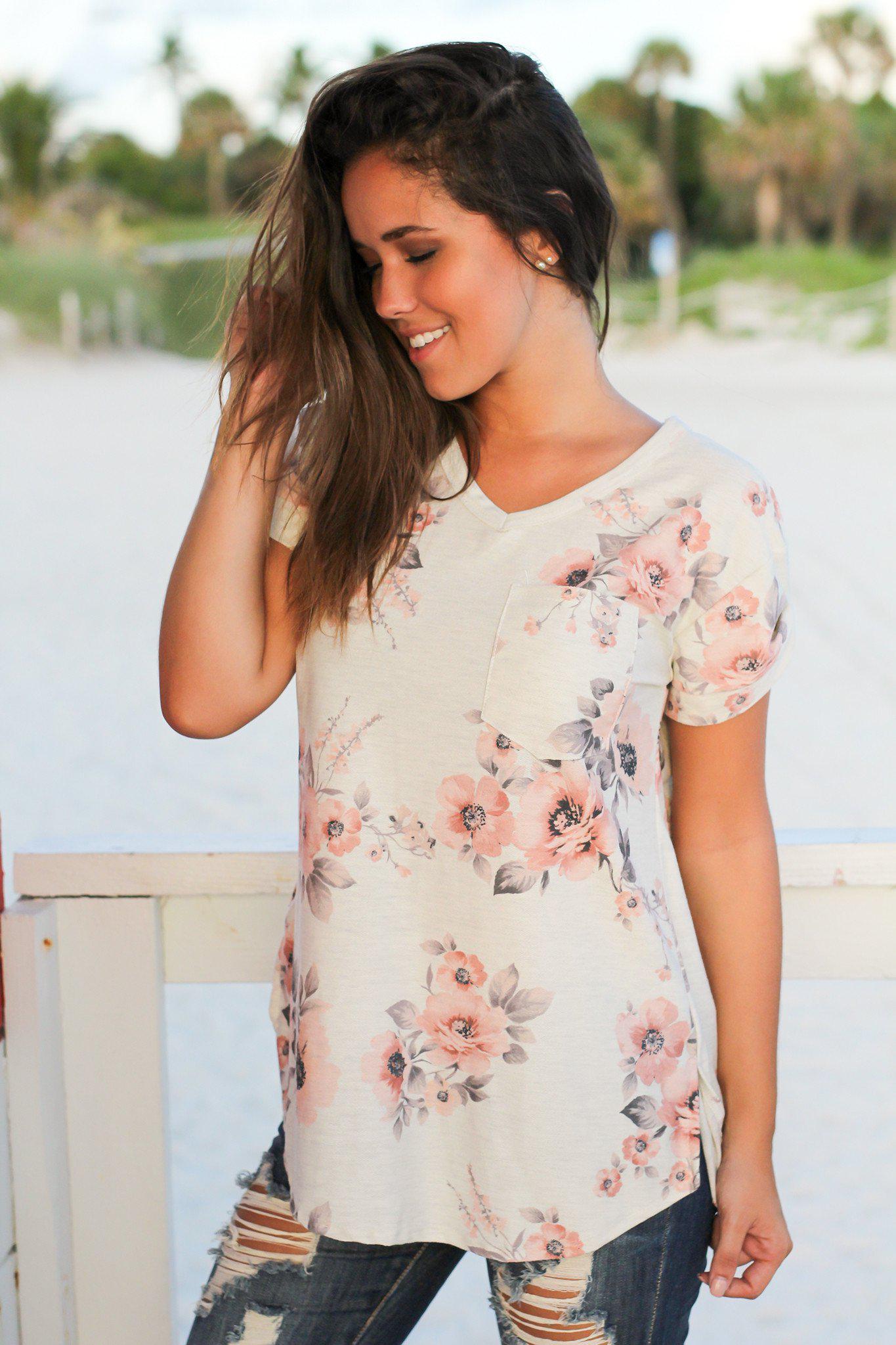 Cream Colored Floral Print Women's V-Neck Casual Top