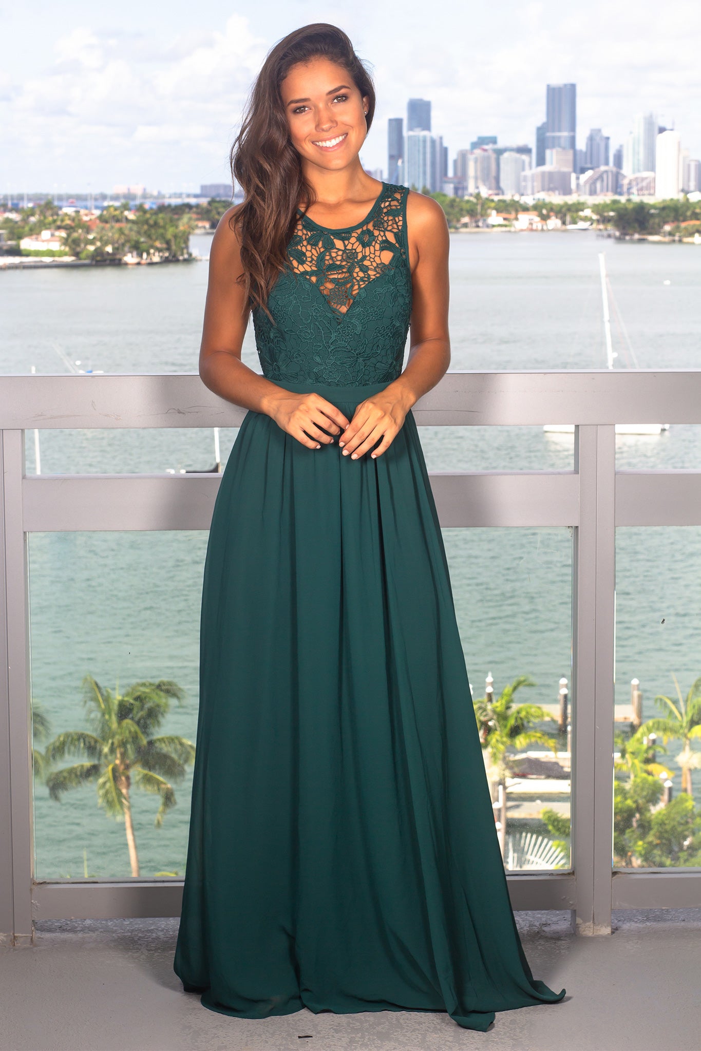 Elegant Hunter Green Crochet Open - Back Maxi Dress for Special Occasions