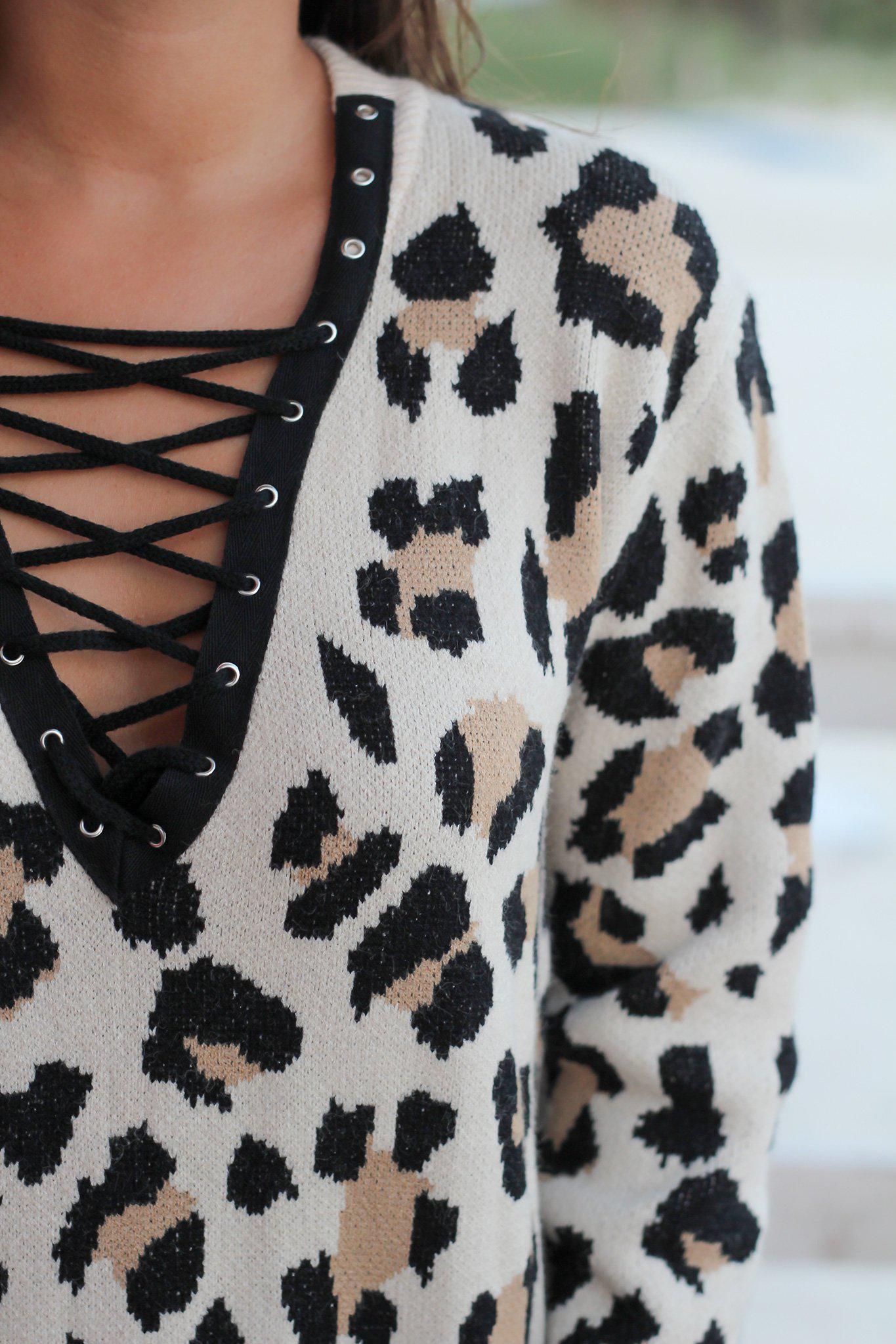 Stylish Cheetah Print Lace-Up Knit Sweater for Fall and Winter