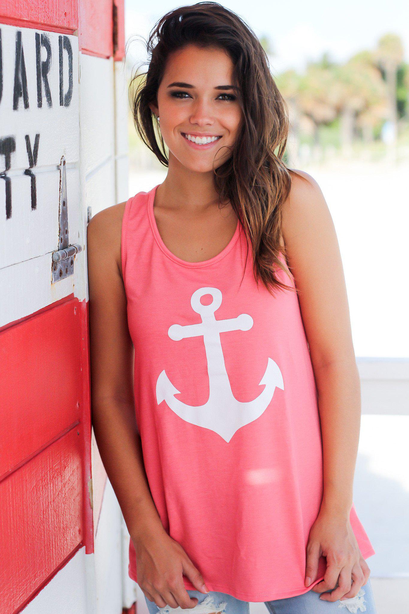 Stylish Coral Racerback Anchor Women's Tank Top for Spring and Summer