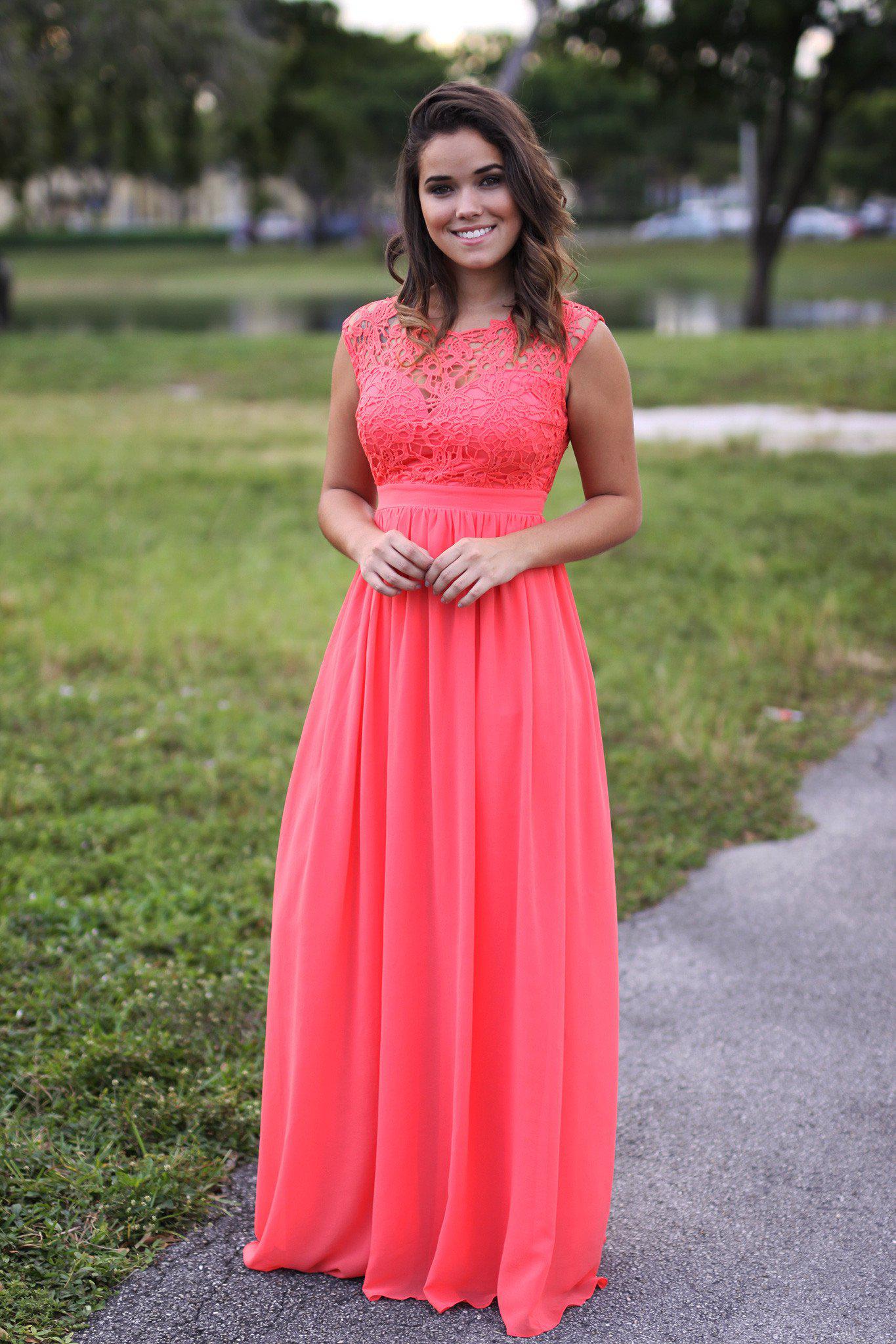 Exquisite Coral-Colored Crochet Design Maxi Dress with Tulle Back for Special Occasions