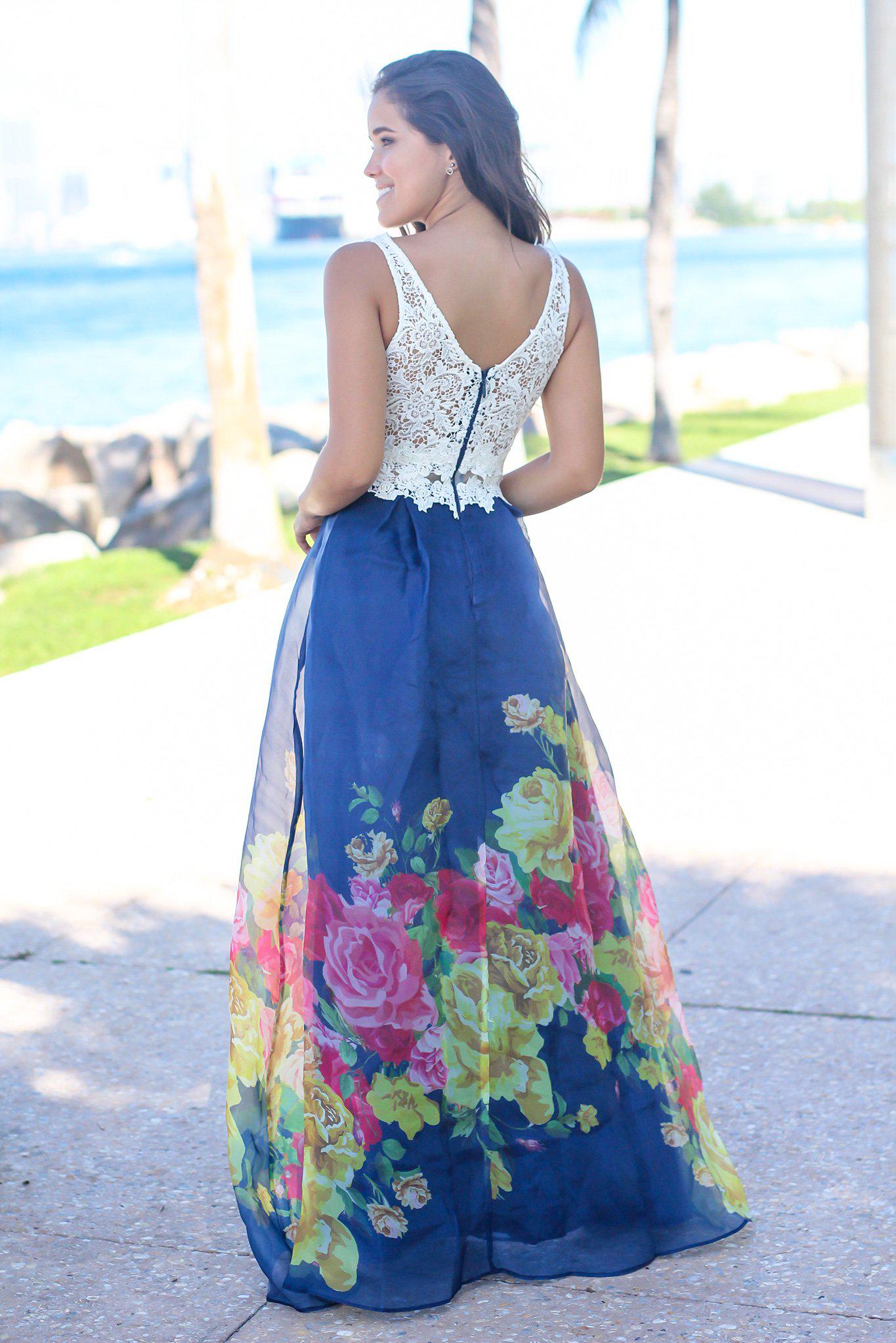 Stylish Ivory and Navy Floral Crochet Top Maxi Dress for Summer Occasions