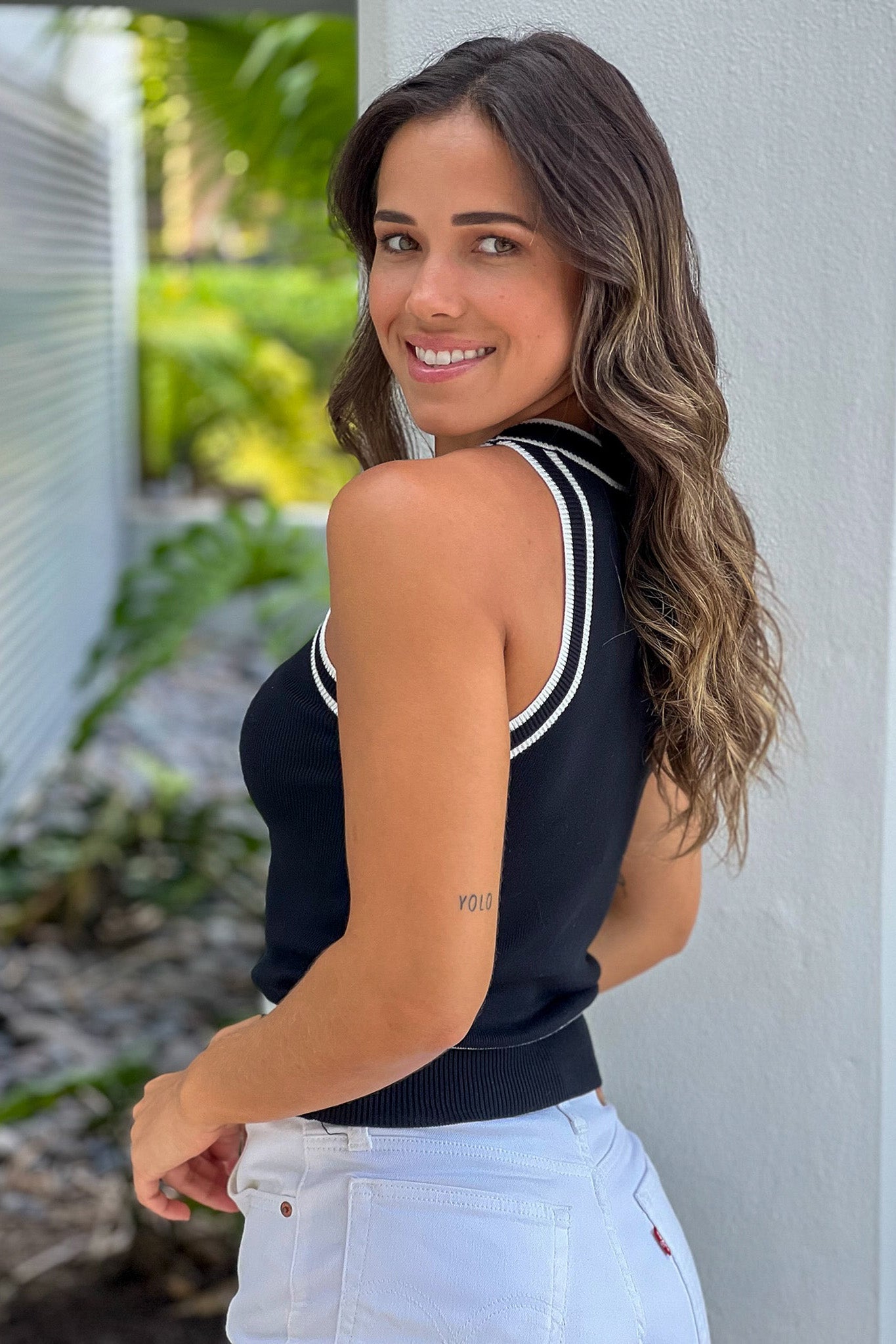Comfy Black Knit Halter Top with Elegant White Trim