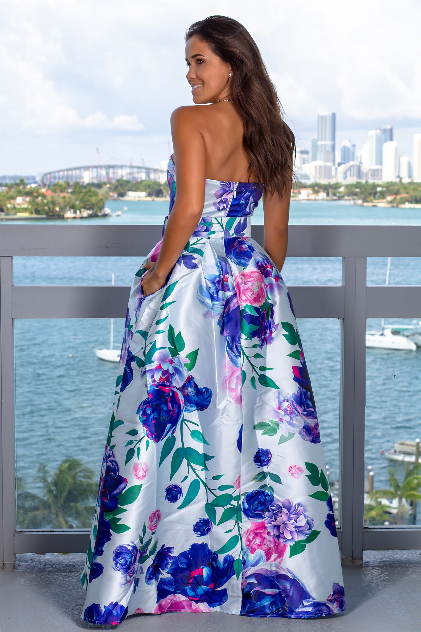 Stylish Belted Blue Floral Strapless Maxi Dress for Summer