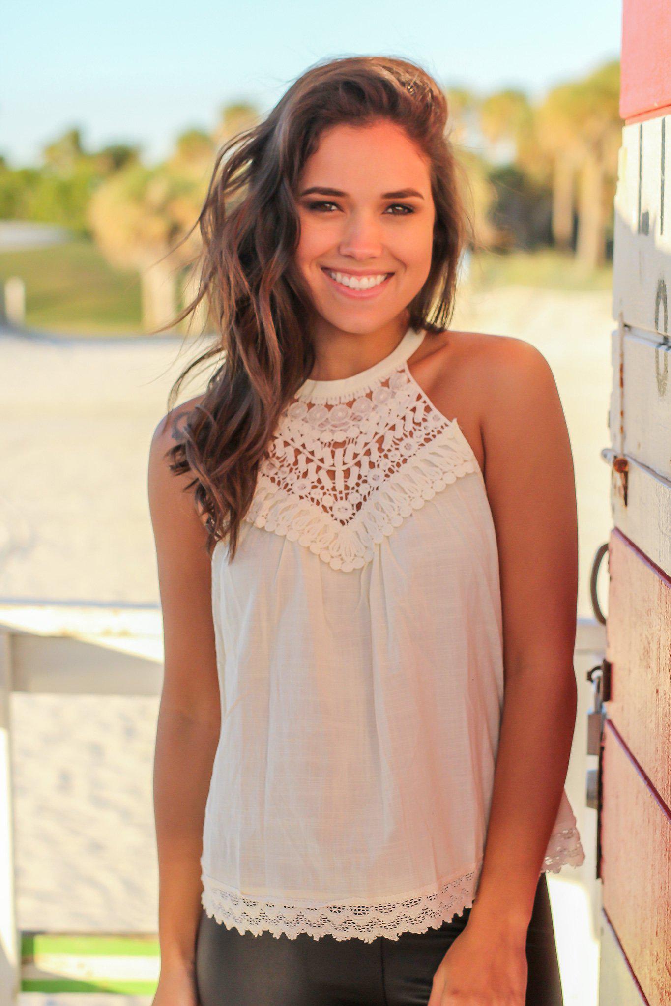 Stylish Cream Cotton Crochet Halter Neck Sleeveless Top