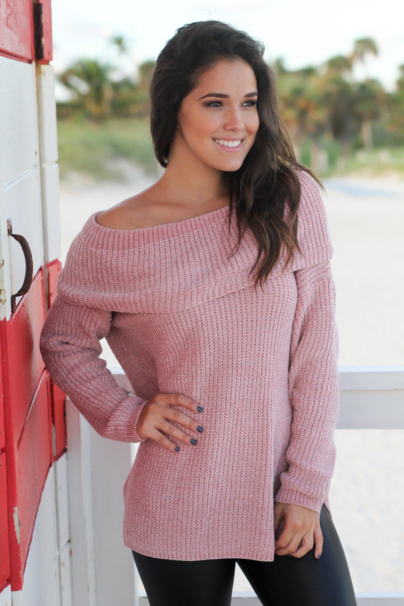 Chic Mauve Oversized Off-Shoulder Knitted Cotton-Polyester Sweater