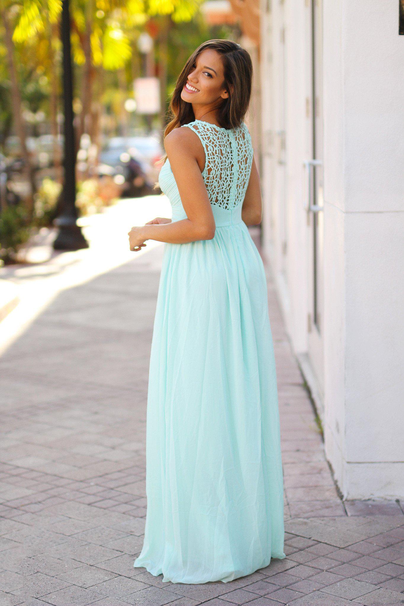 Exquisite Mint Green Crochet Design Maxi Bridesmaid Dress