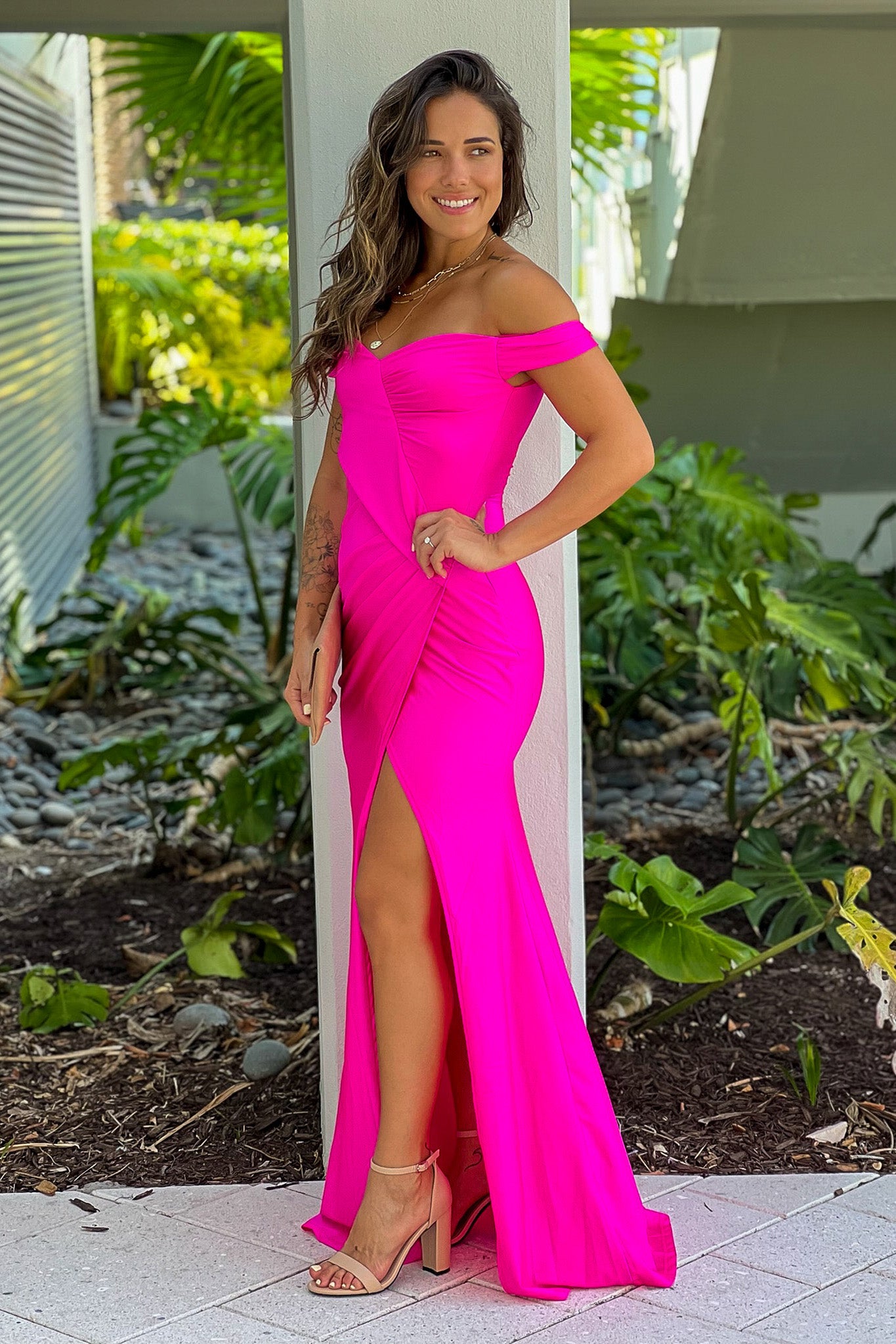 Gorgeous Hot Pink Sleeveless Off - Shoulder Maxi Dress with Slit