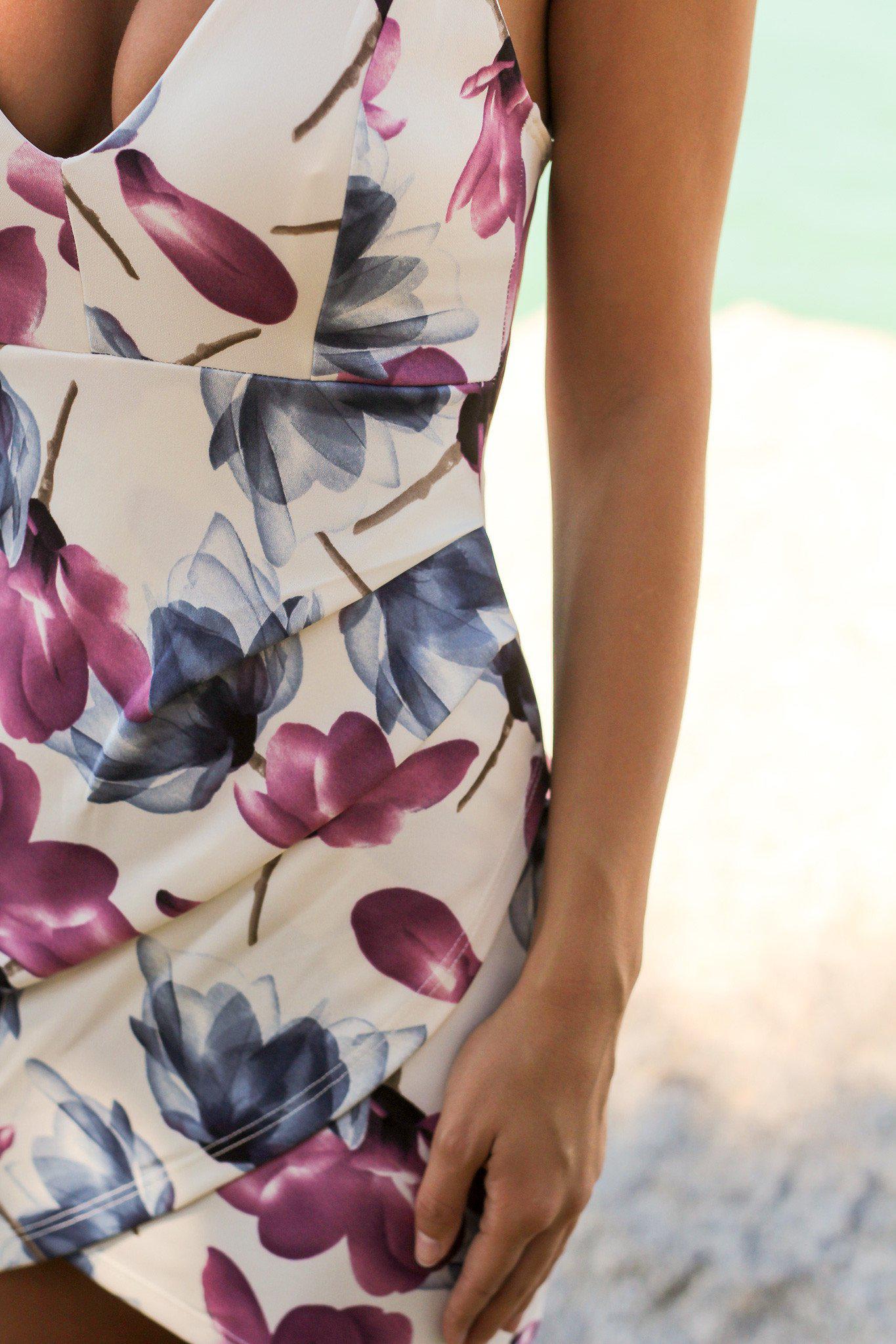 Stunning Ivory, Purple and Navy Floral Print Short Summer Dress for Women