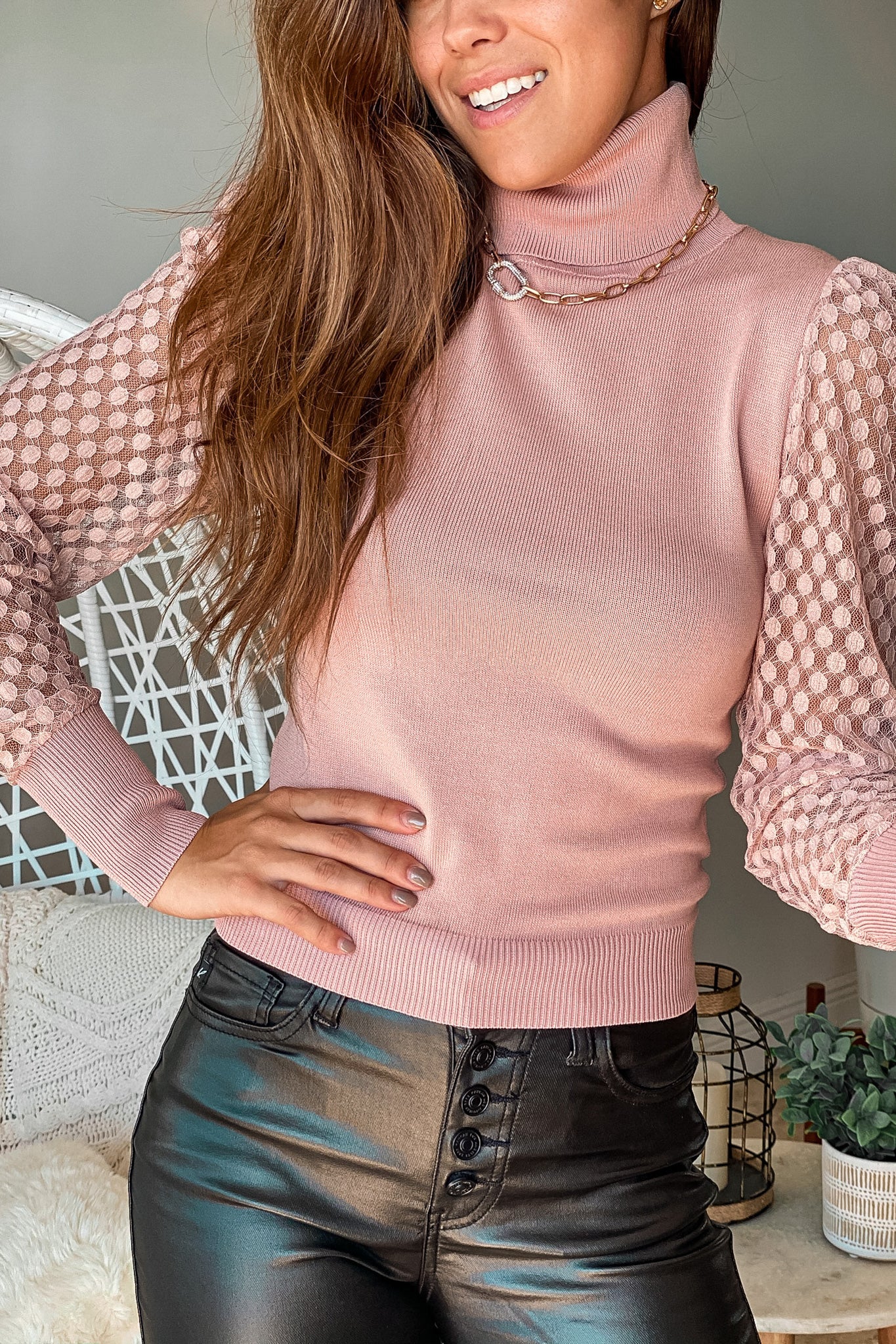 Stylish Mauve Turtleneck Top with Exquisite Mesh Sleeve Design