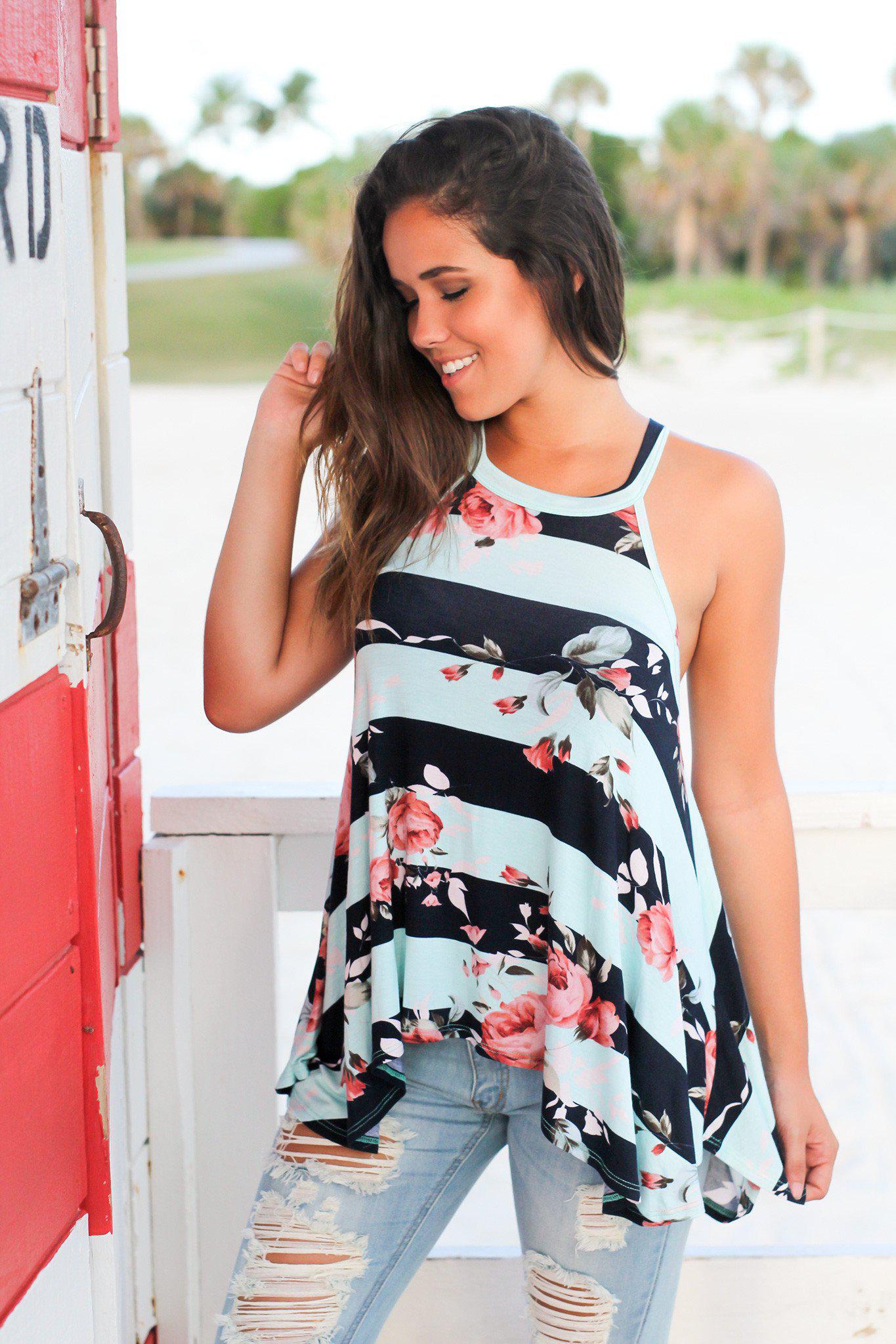 Stylish Mint, Navy Floral Striped Sleeveless Racerback Top