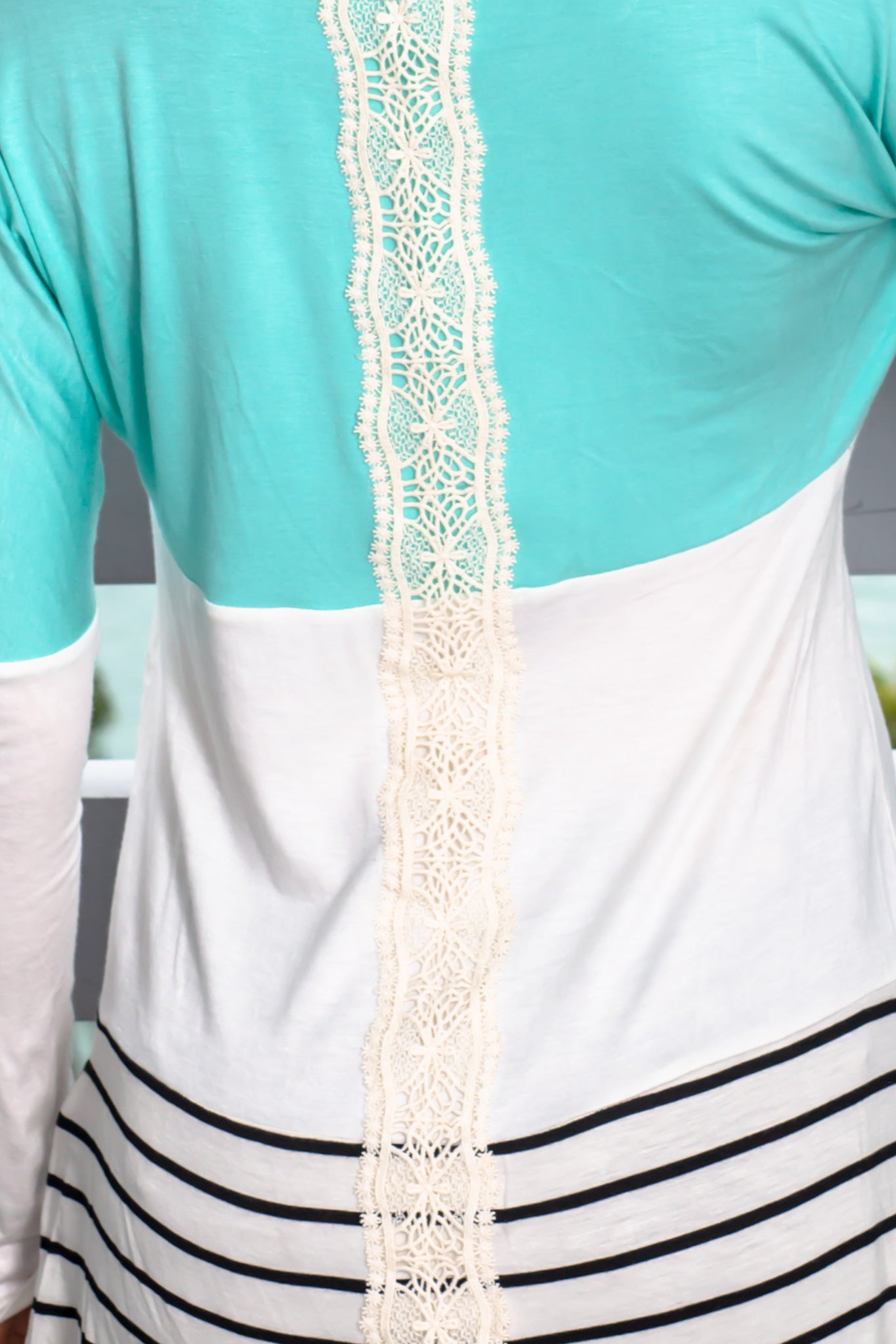 Stylish Mint Colored Color - Blocked Long - Sleeve Women's Top with Crochet Back Detail