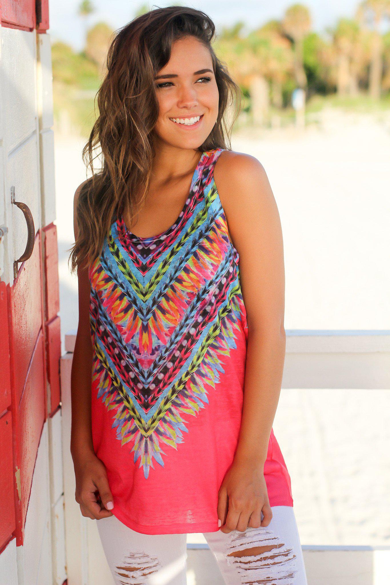 Stylish Coral Tribal Multi - Color Sleeveless Tank Top