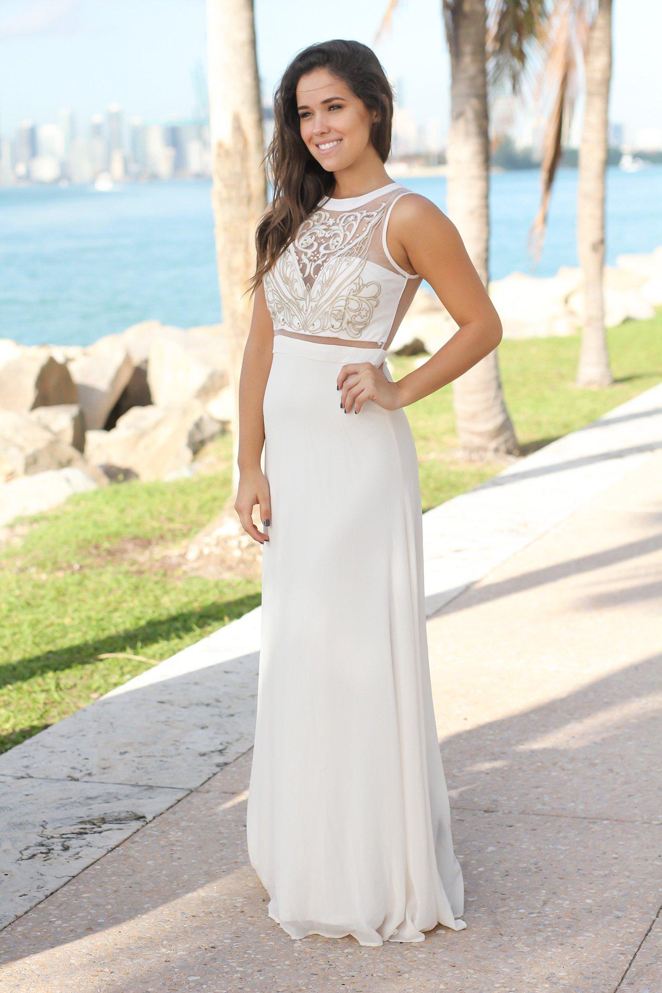 Stunning Cream and Gold Crystal-Embroidered Maxi Dress with Tulle Back