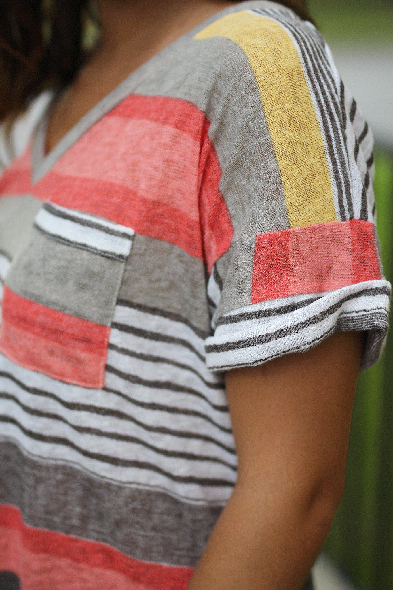 Stylish Women's Coral And Yellow Short Sleeve V-Neck Top With A Charming Front Pocket