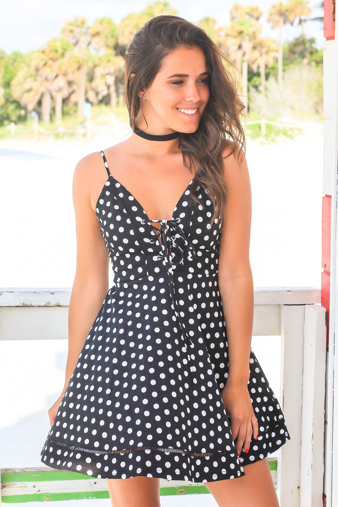 Stylish Women's Black Polka Dot Short Party Dress with Attractive Lace Up Detail
