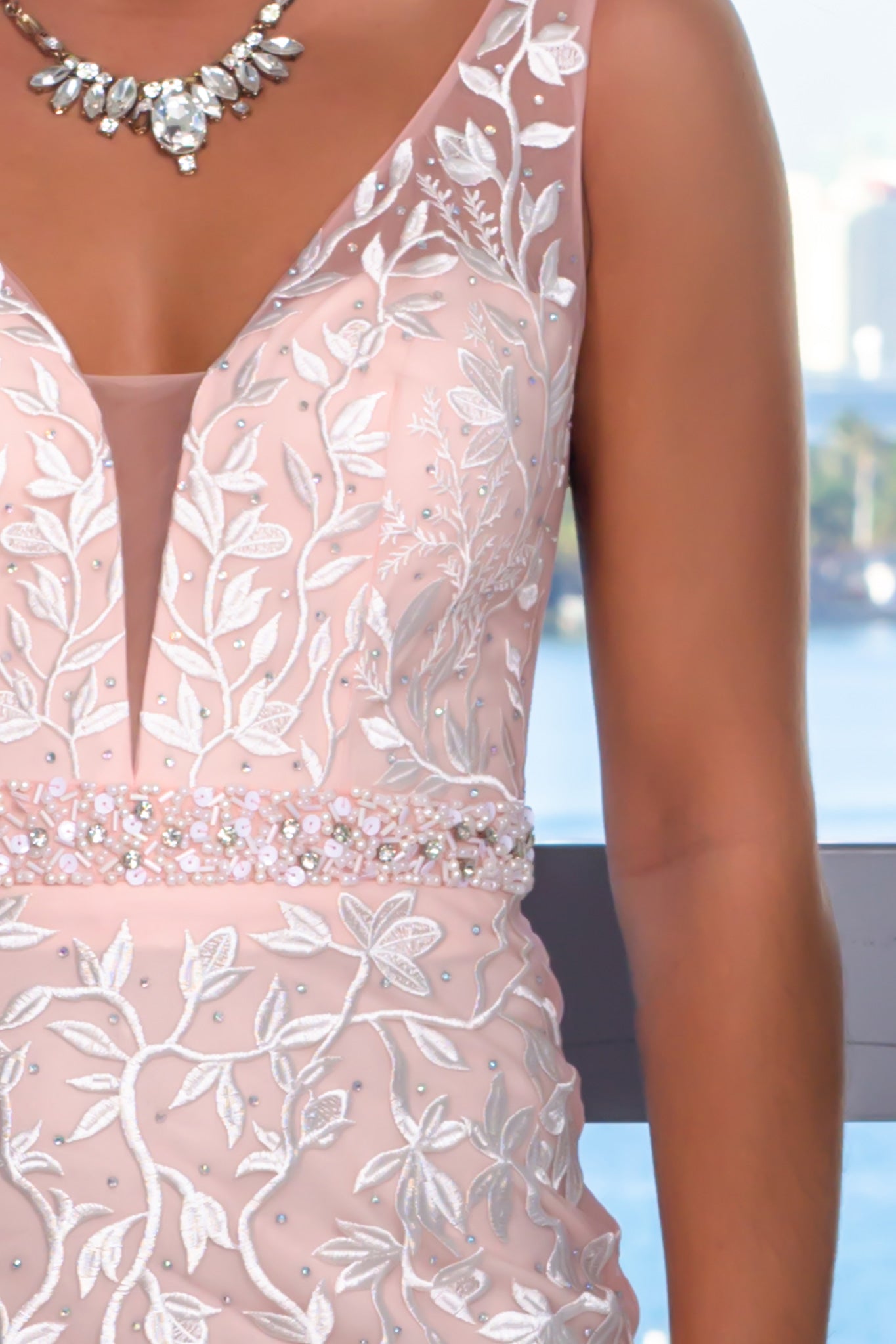 Elegant Blush and White Sleeveless Maxi Dress with Tulle and Embroidery