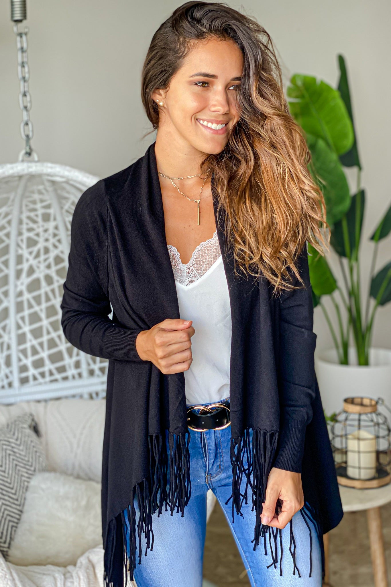 Stylish Black Fringed Women's Cardigan for Versatile Wear