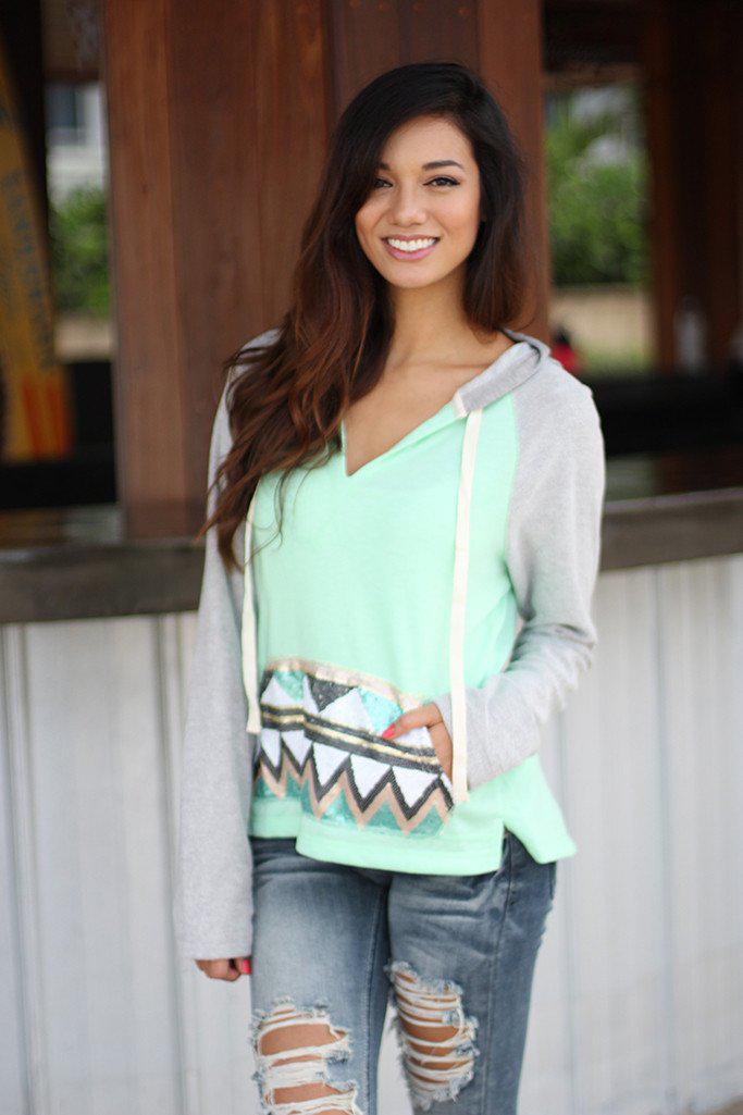 Stylish Mint and Gray Sequined Hooded Sweater for Winter