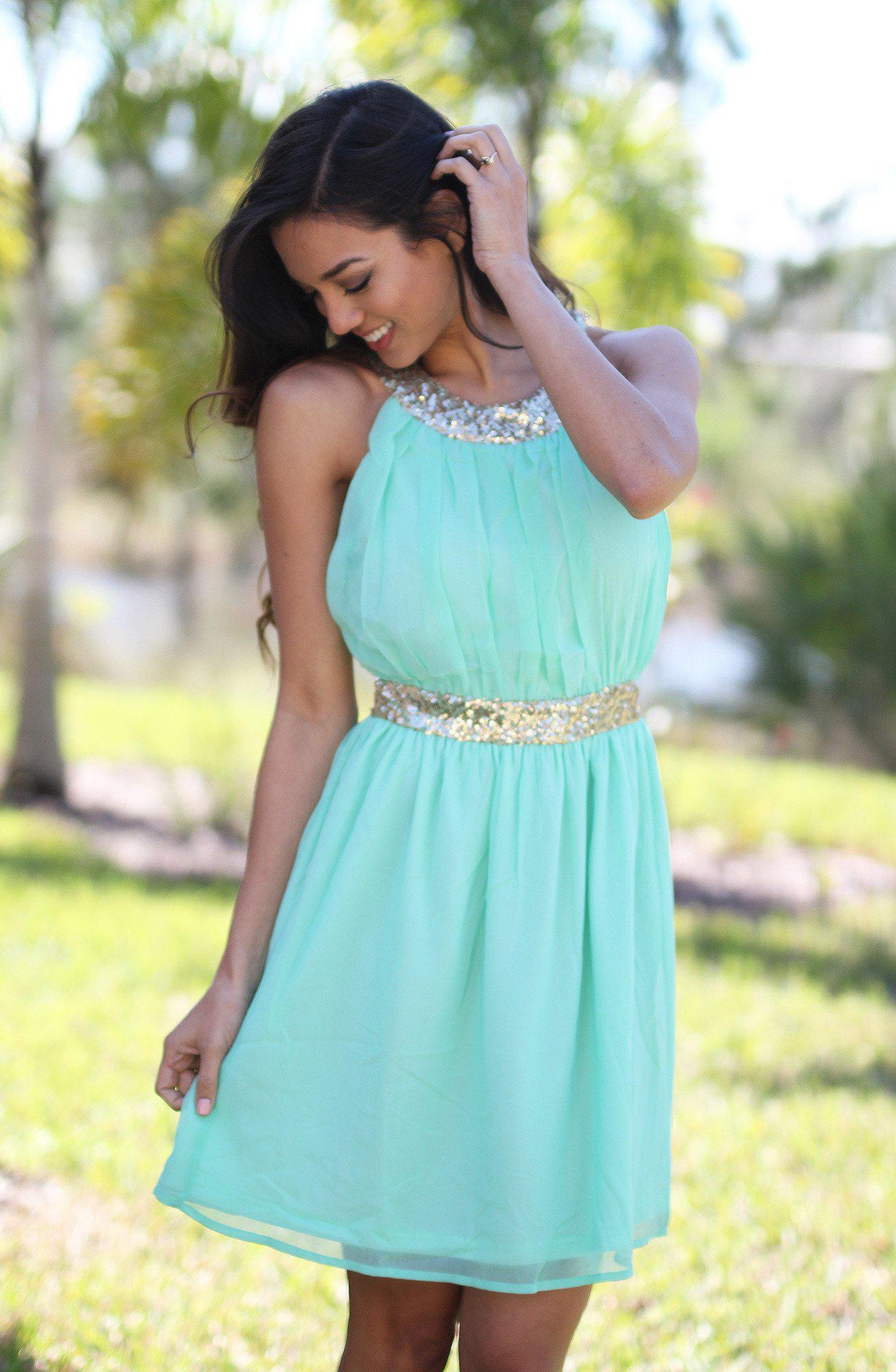 Stunning Mint and Shimmering Gold Sequin Evening Dress