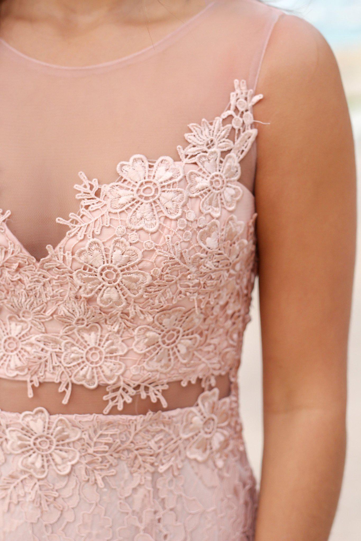 Stunning Blush-Colored Lace Maxi Dress Featuring Elegant Mesh Details