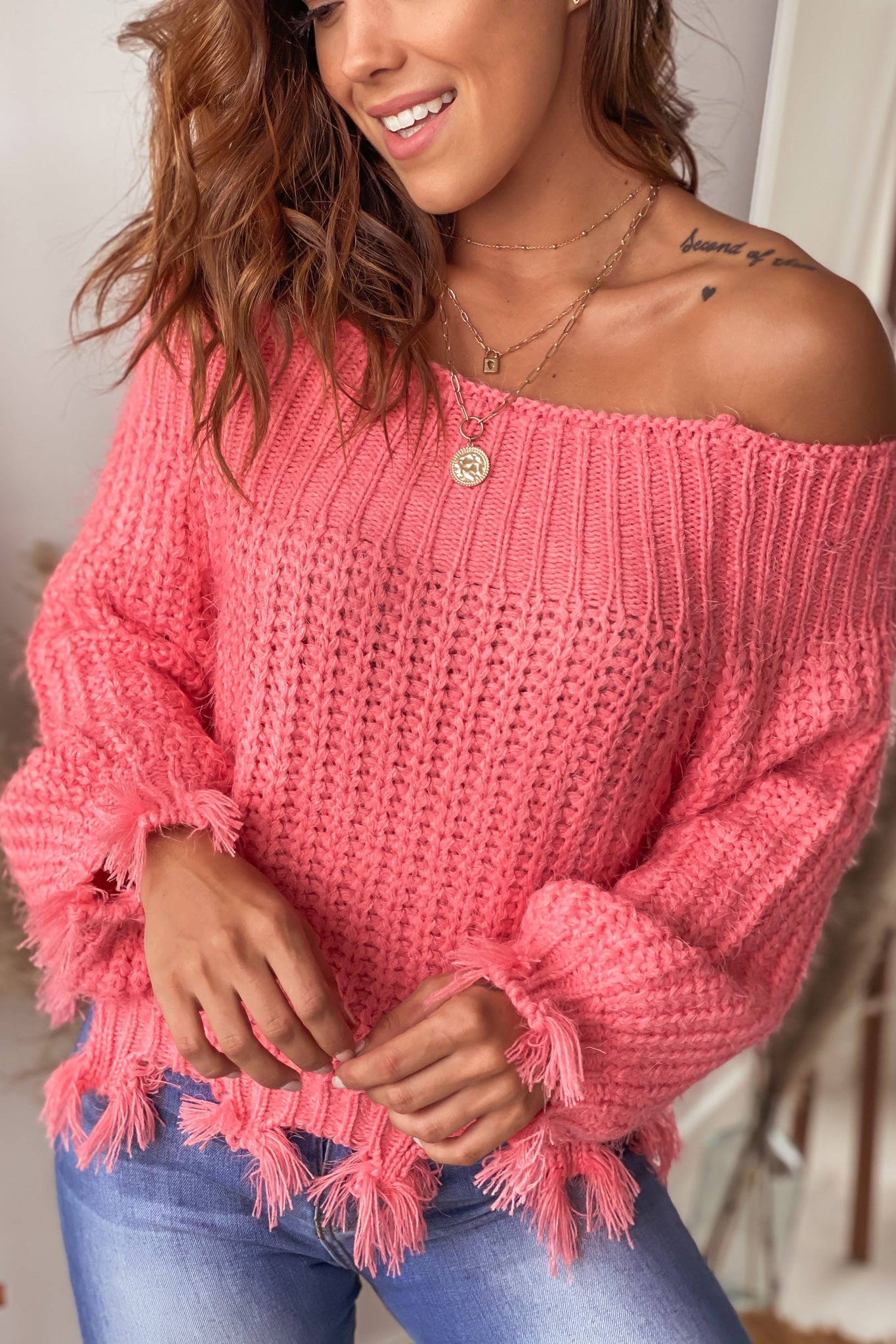 Stylish Coral Off-Shoulder Distressed Knit Sweater for Fashion Lovers