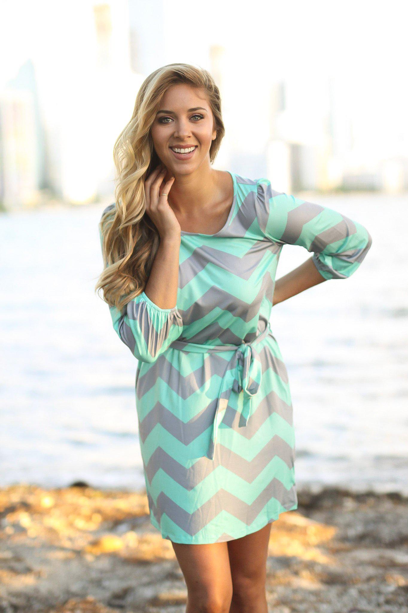Stylish Mint and Silver Chevron Patterned Short Women's Dress