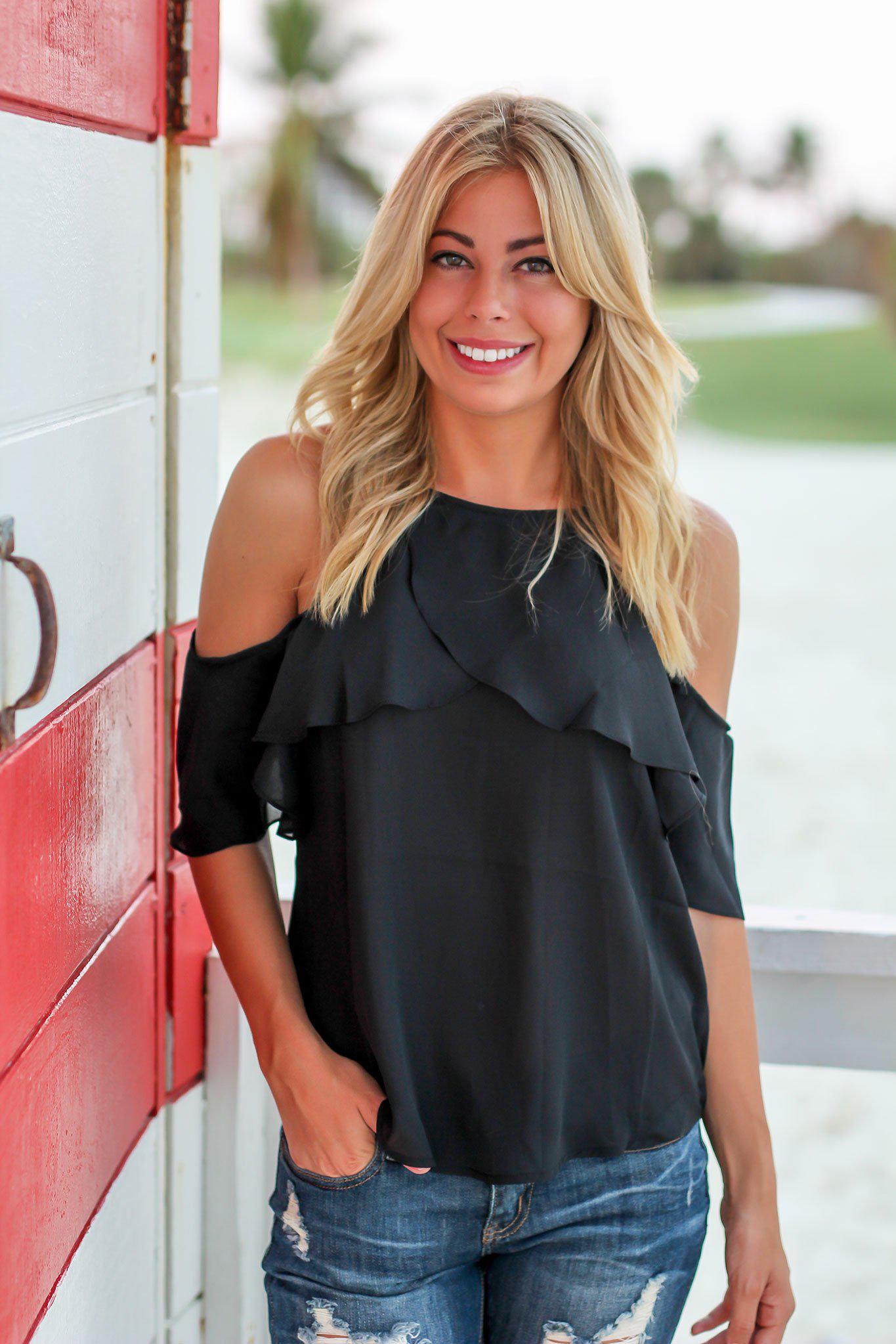 Stylish Black Open-Shoulder Ruffle Top for Fashionable Look