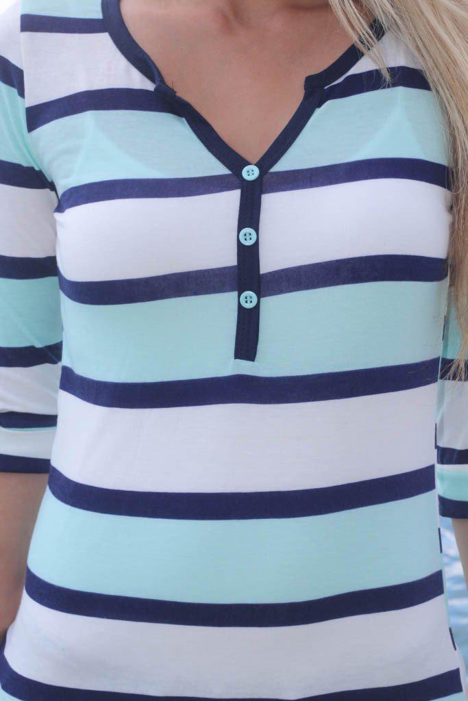 Stylish Mint and Navy Horizontal Striped Women's Fashion Top