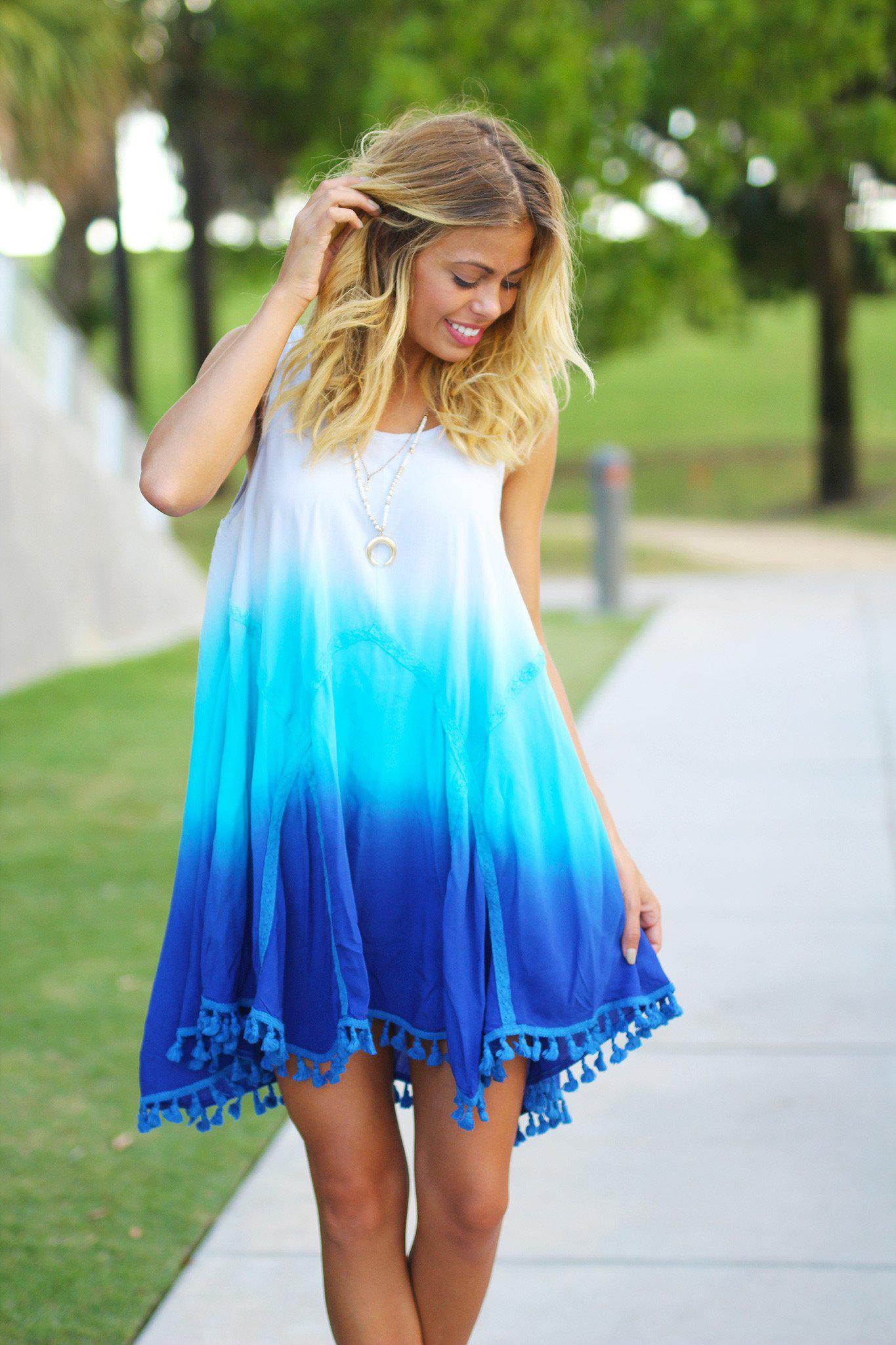 Stylish Short Blue Ombre Dress Adorned with Tassels