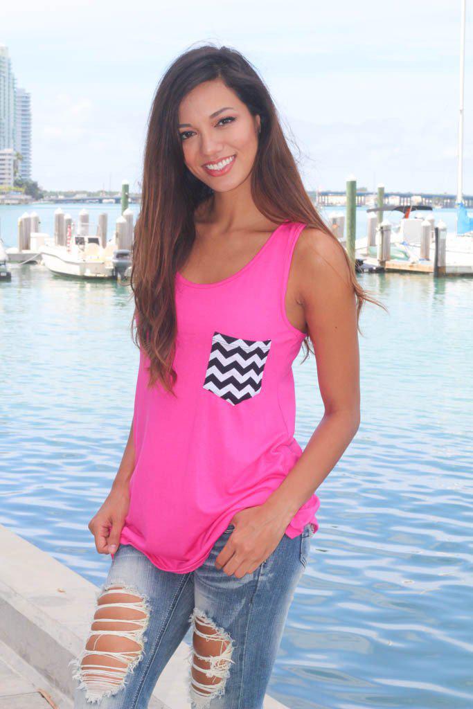 Stylish Hot Pink Women's Tunic Top Featuring a Chevron - Designed Pocket