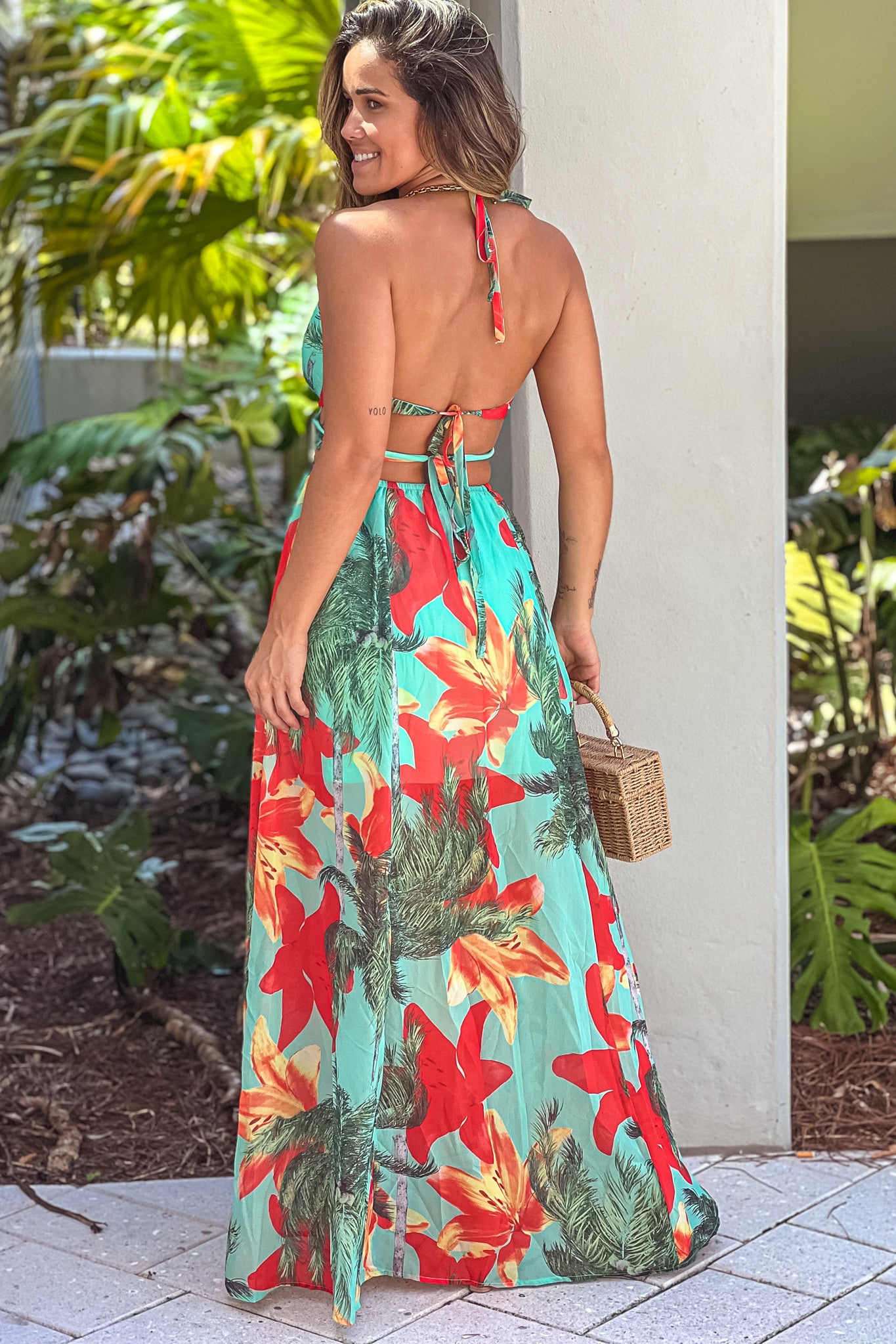 Spring-Summer Mint Floral Open-Back Chiffon Maxi Dress