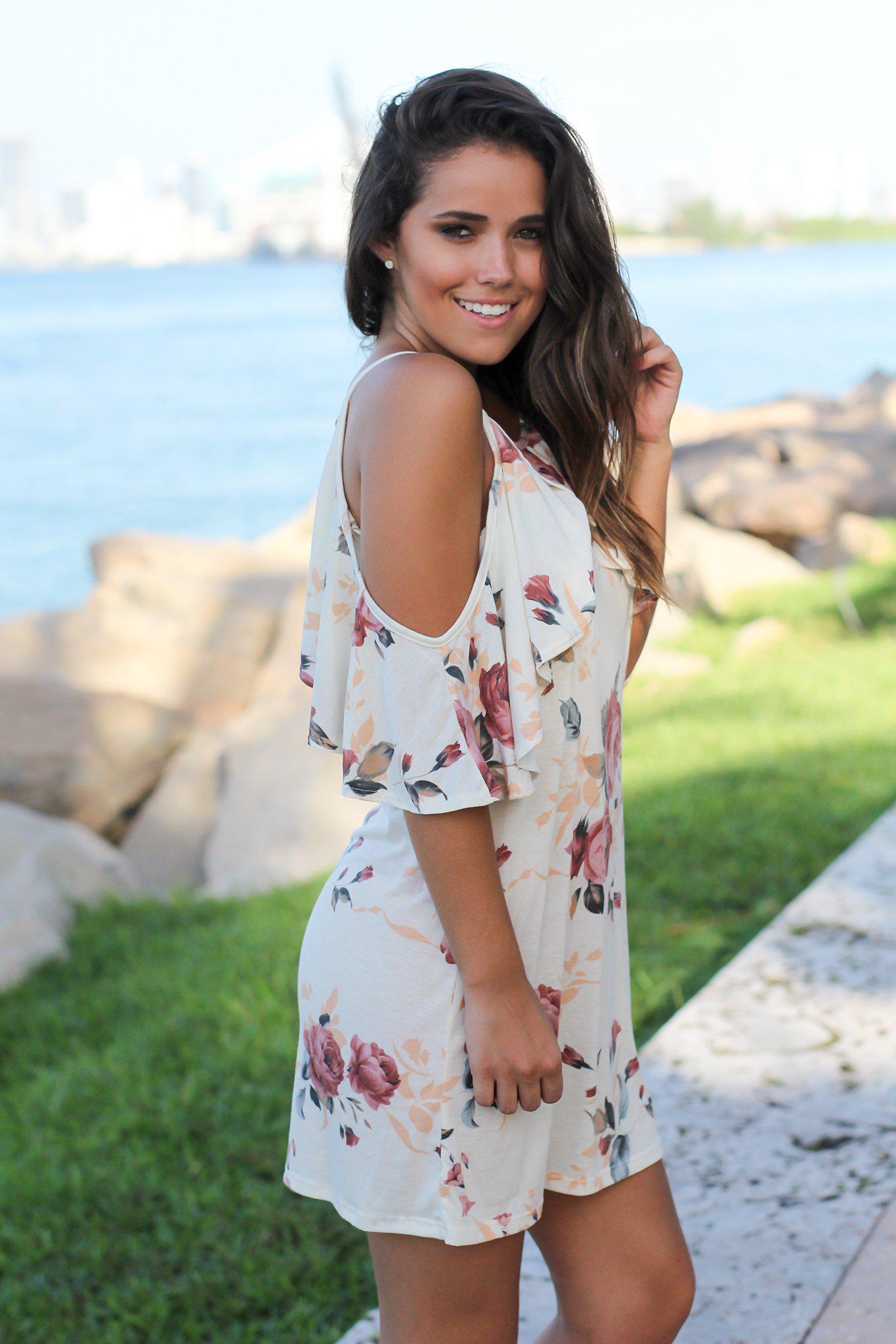 Charming Cream Floral Short Cold - Shoulder Women's Dress for Special Occasions
