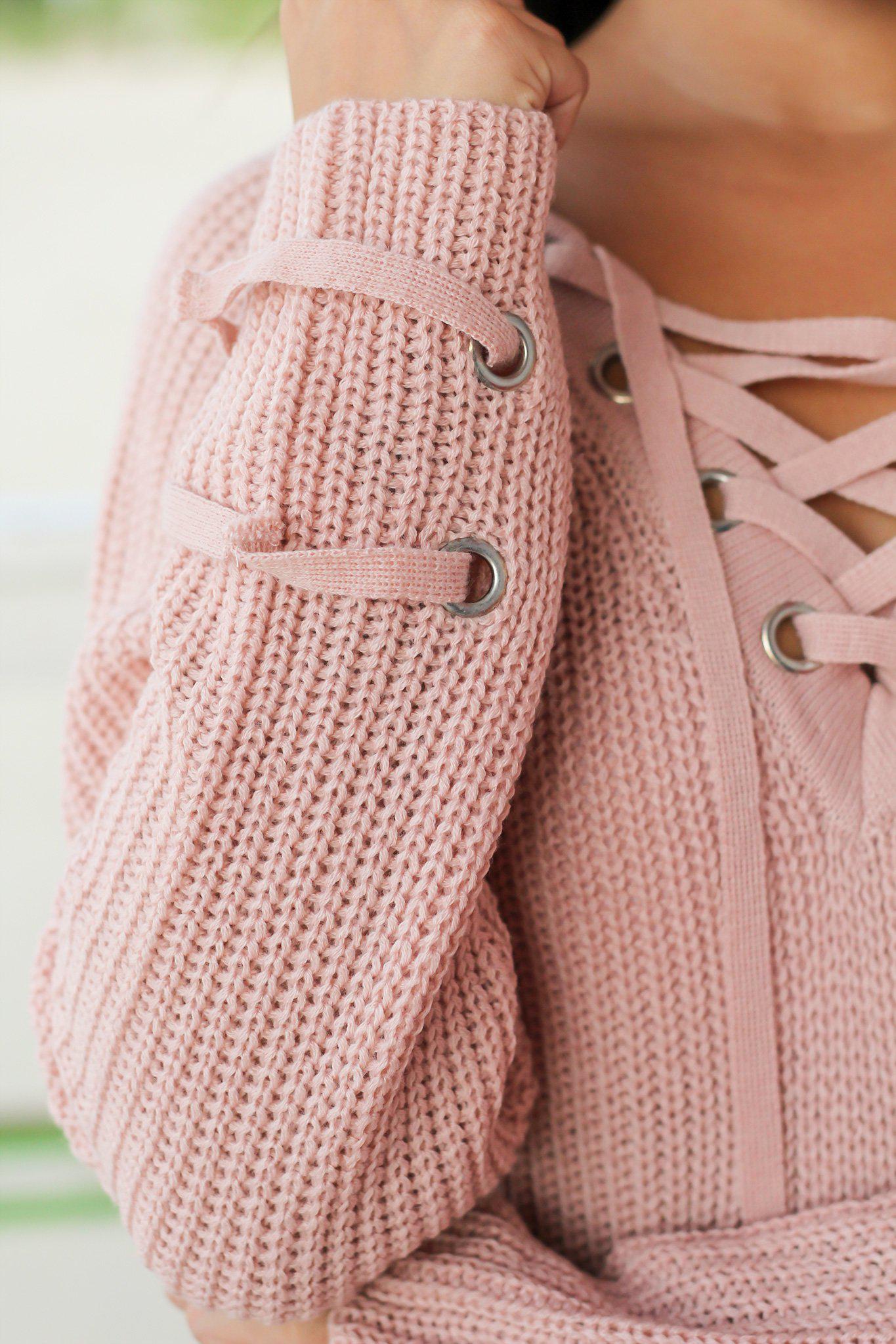 Stylish Blush Colored Lace Up Knit Sweater for Fall and Winter