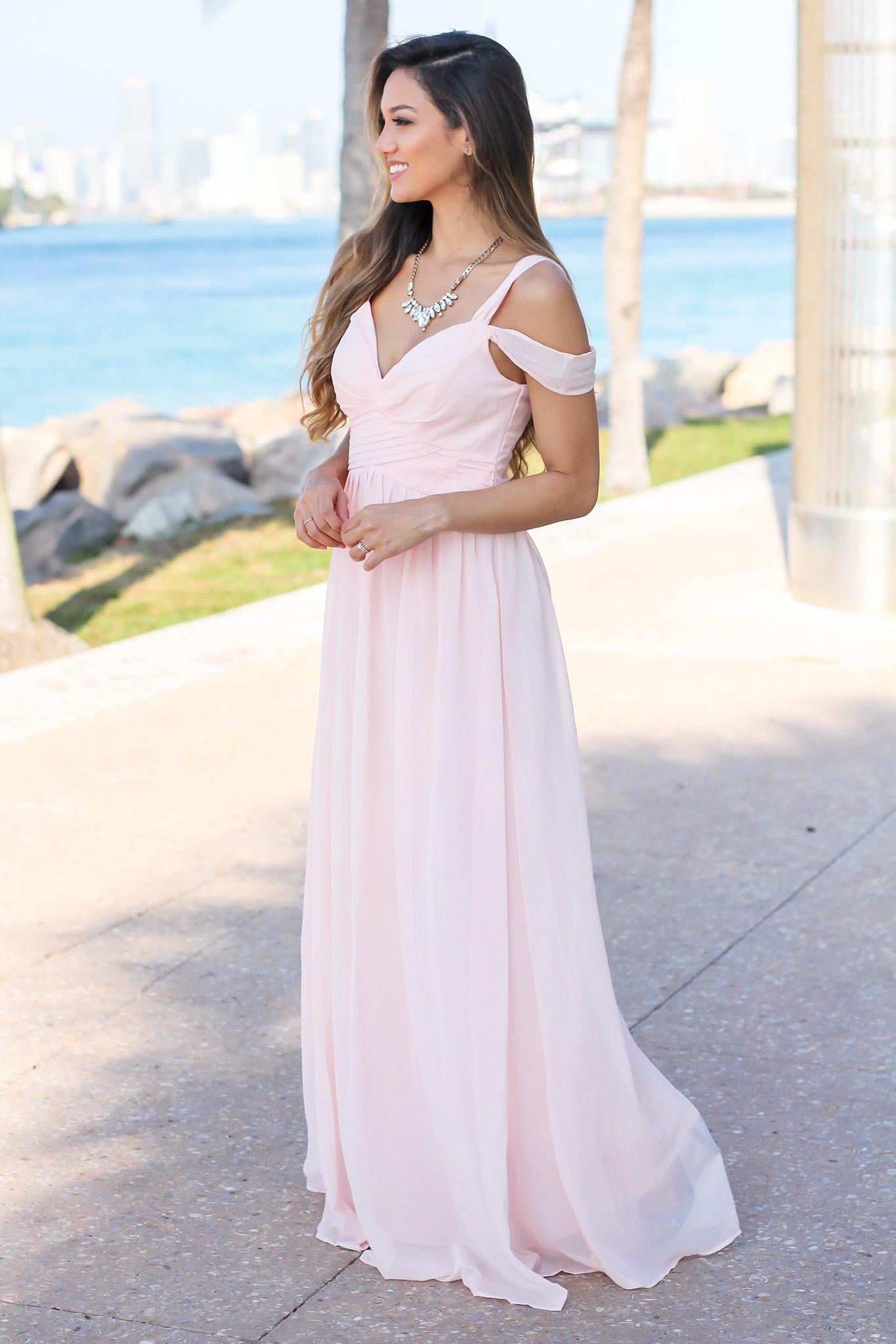 Fabulous Blush-Colored Off-Shoulder Maxi Dress Featuring a Pleated Top for Special Occasions