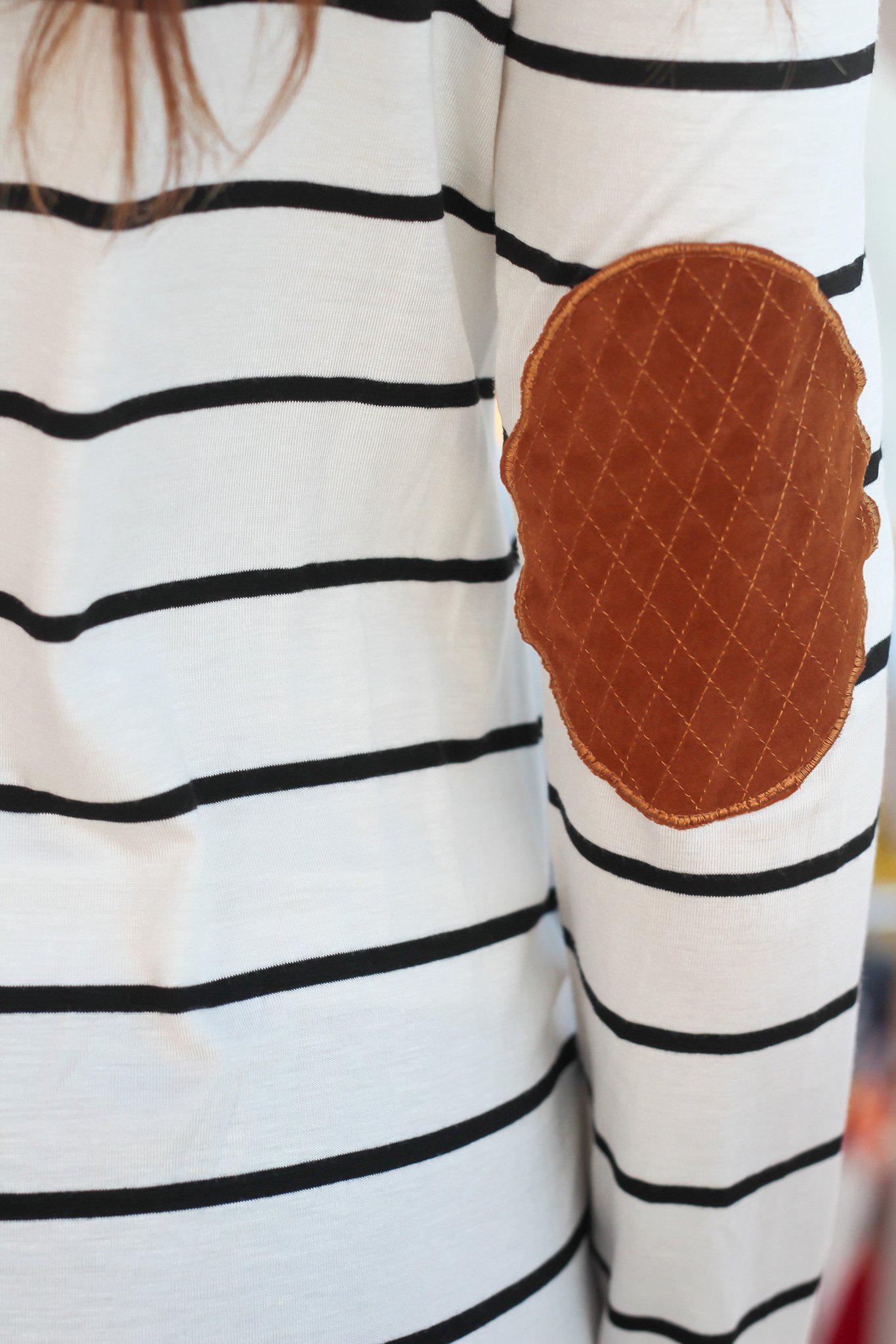 Stylish Ivory, Black and Tan Striped Hoodie with Elbow Patches and Pockets