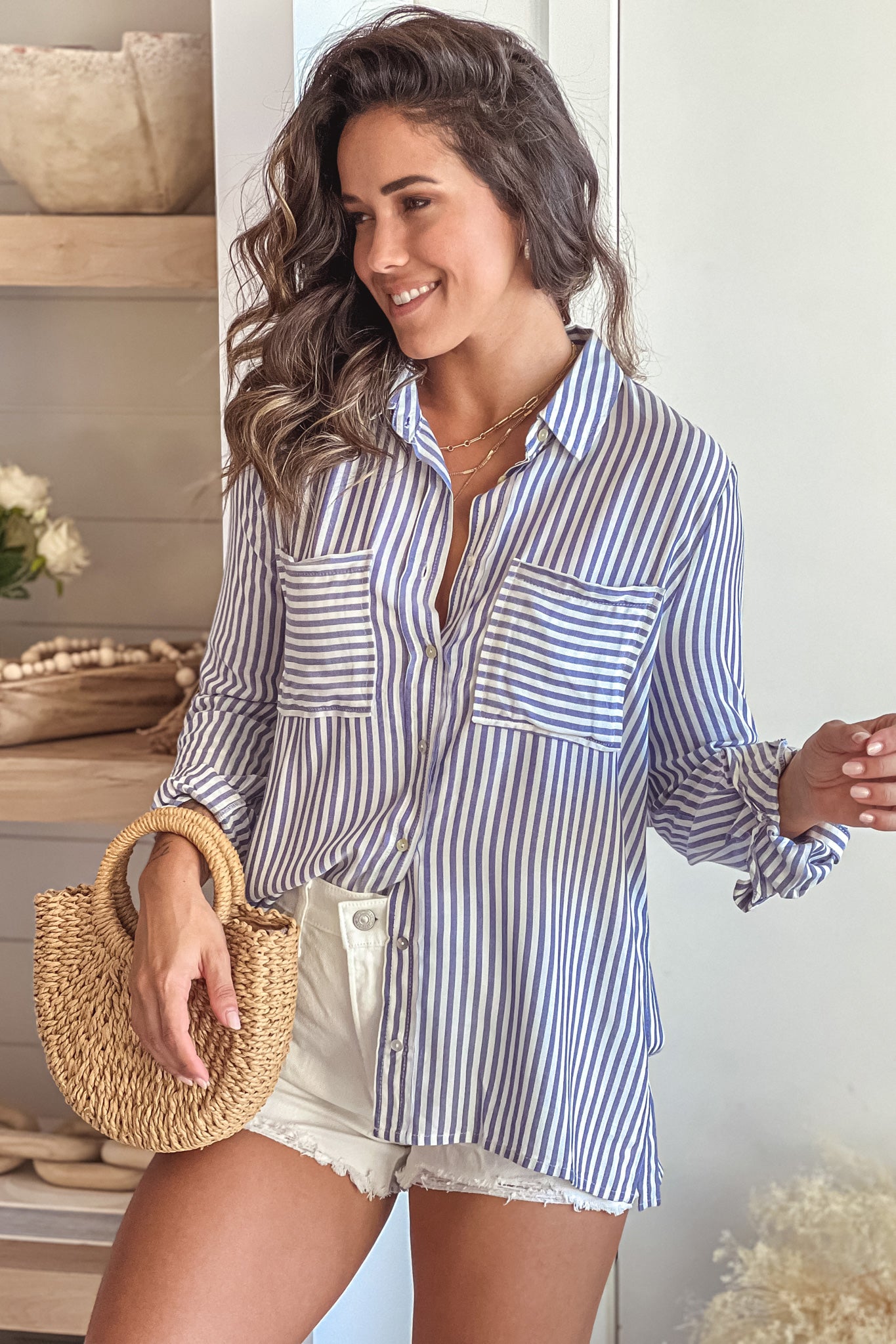Stylish Blue and Off - White Striped Roll - Up Sleeve Button - Down Casual Shirt for Fashionistas
