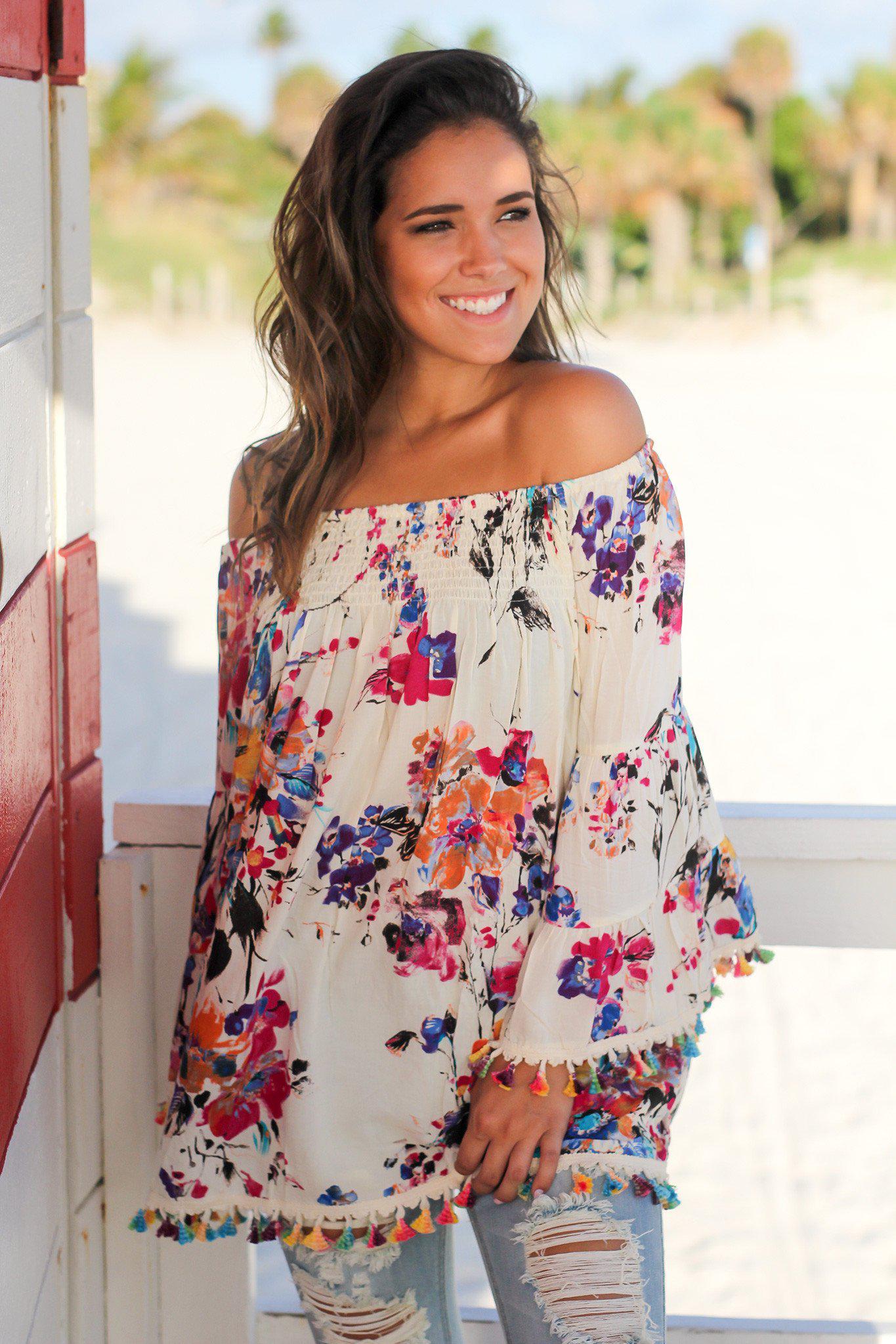 Charming Cream Floral Off-the-Shoulder Women's Blouse with Tassel Decorations
