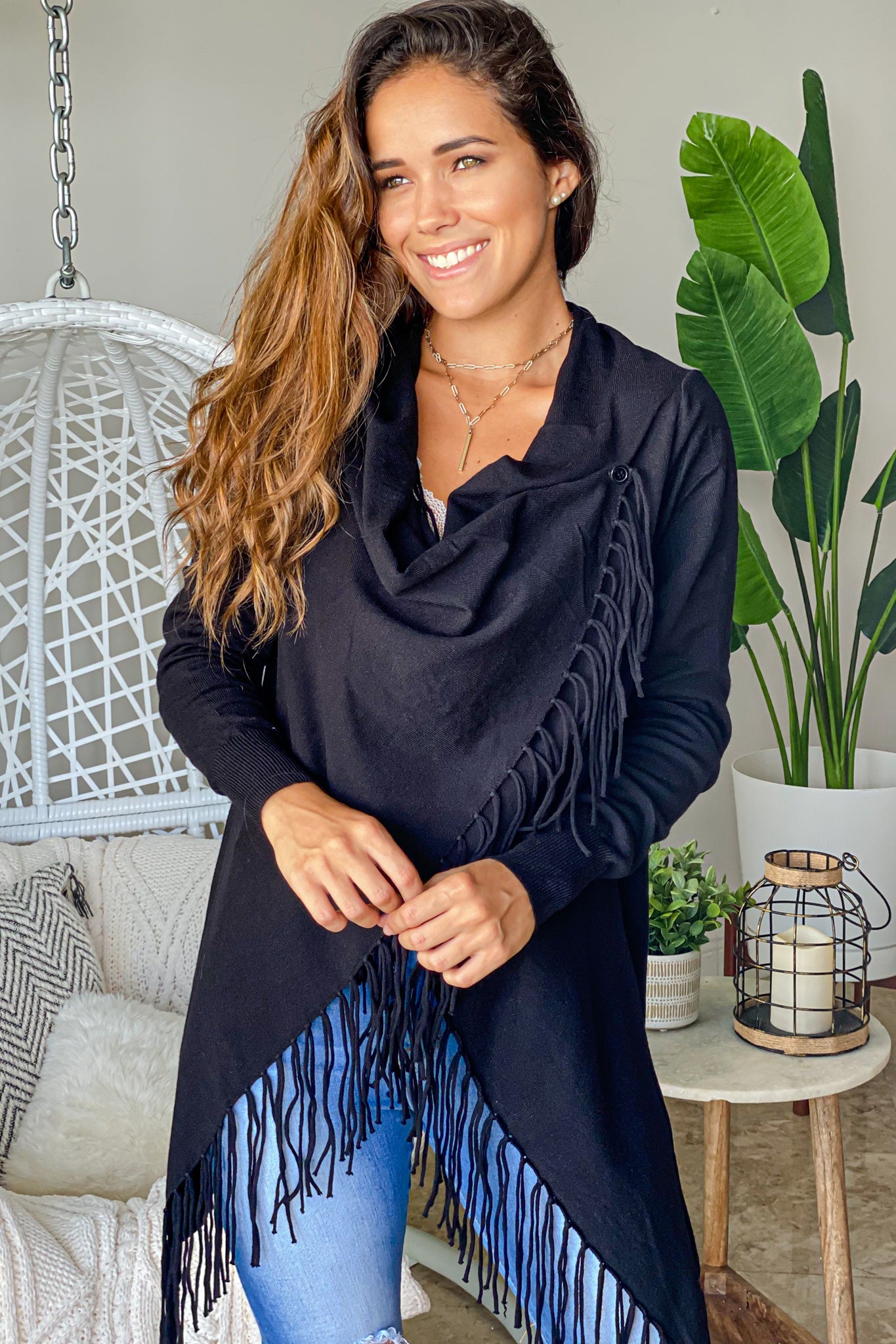 Stylish Black Fringed Women's Cardigan for Versatile Wear
