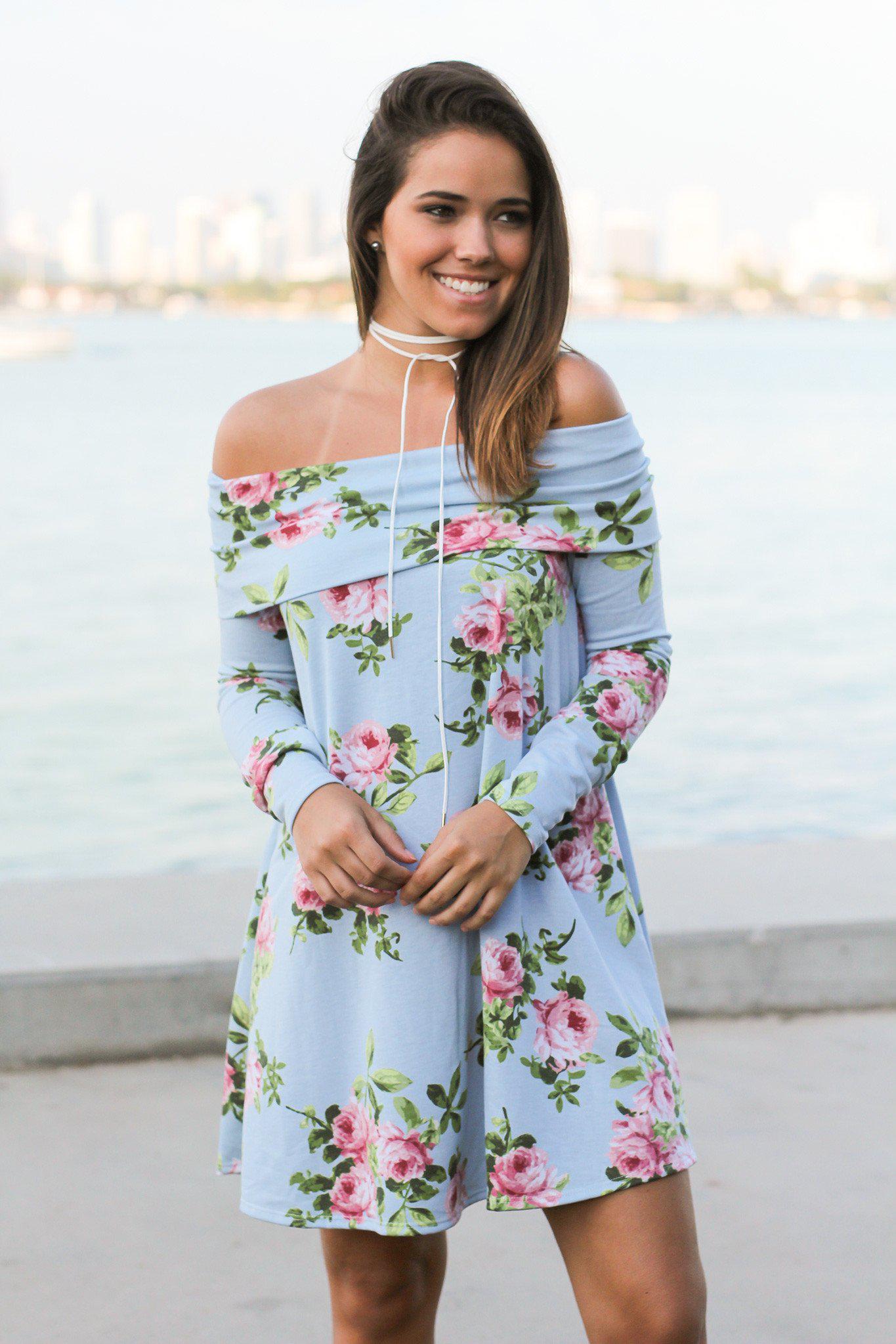 Charming Short Off-Shoulder Dress with Blue Floral Prints