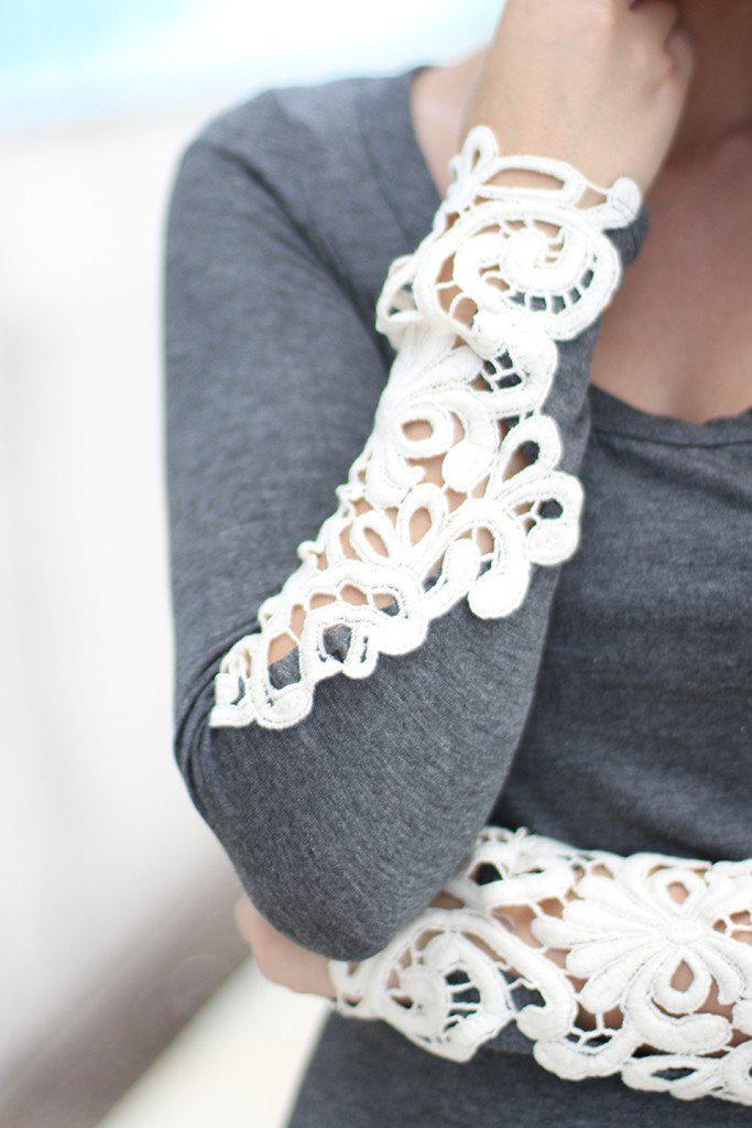 Stylish Charcoal Women's Top Featuring Crochet Long Sleeves