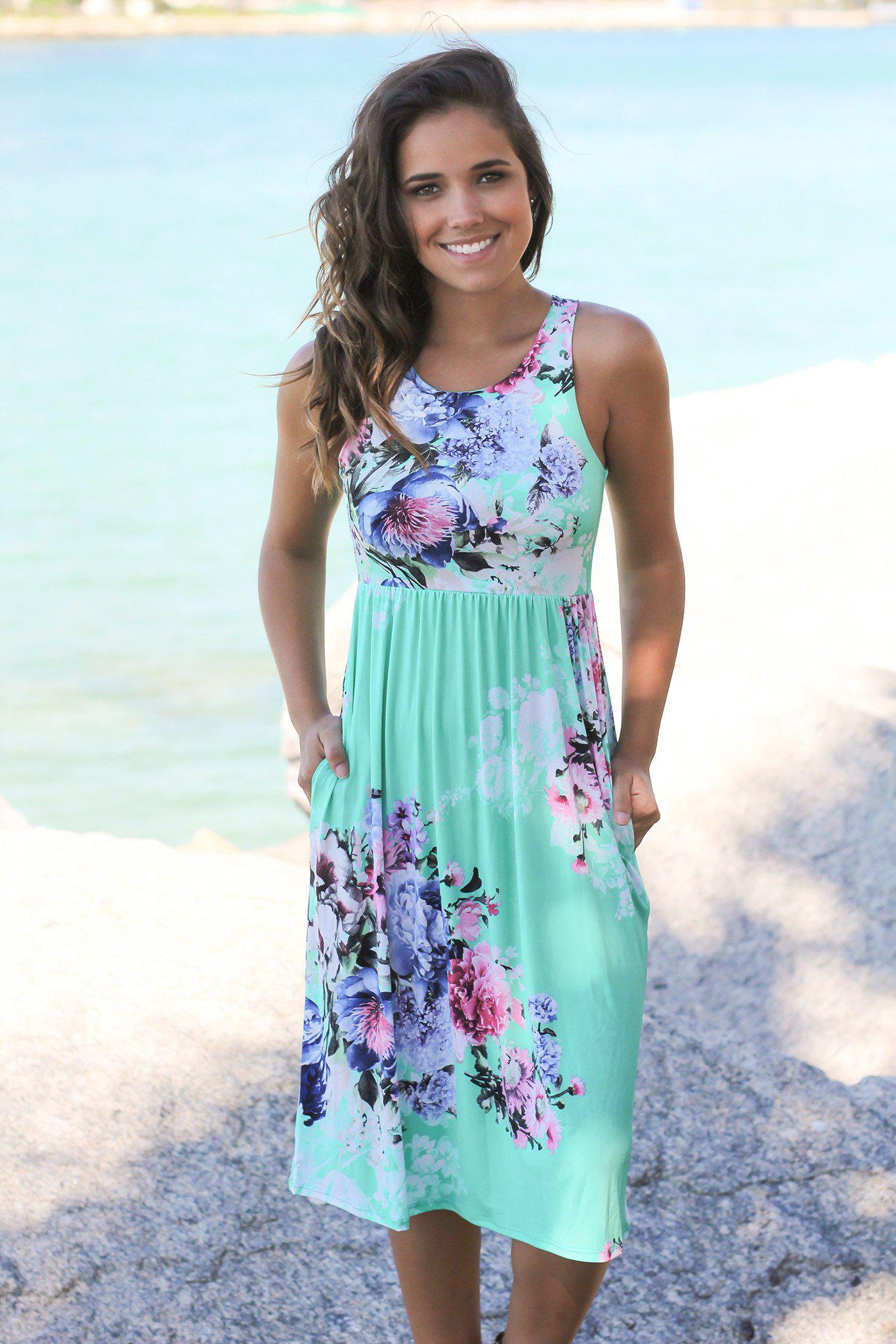 Adorable Mint Floral Print Sleeveless Midi Dress with Pockets