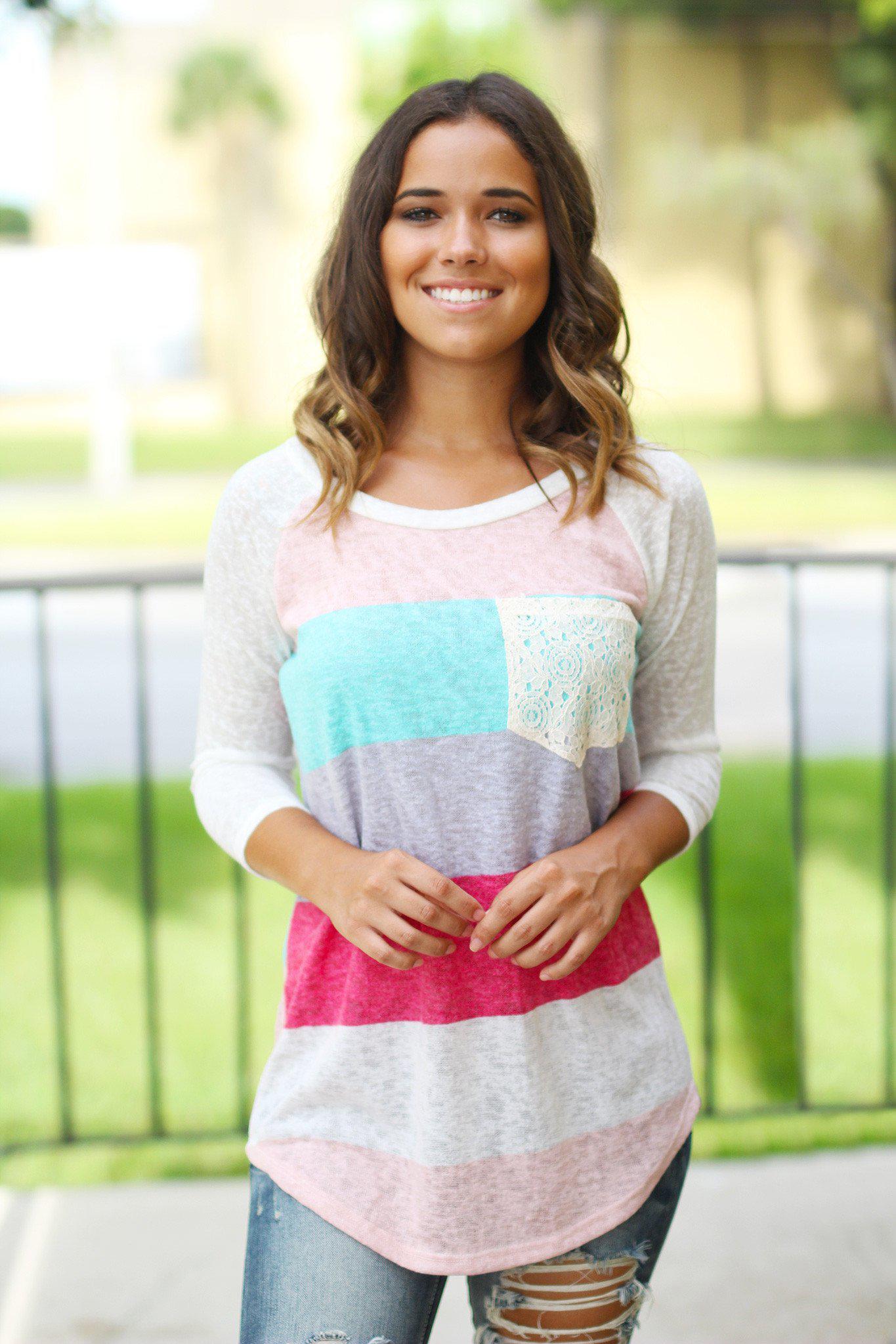 Stylish Coral and Mint Colored Women's Crochet Pocketed Top