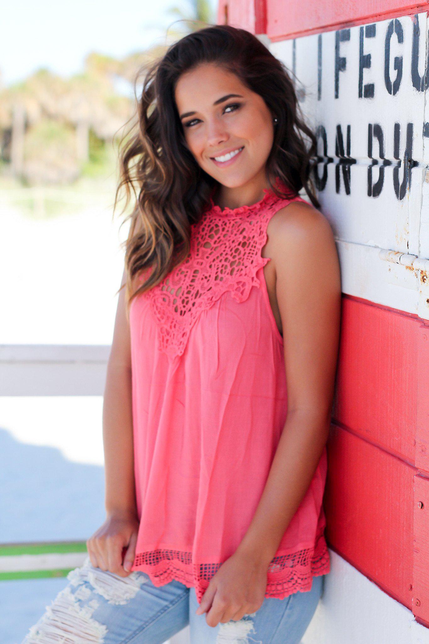 Stunning Coral Rayon Crochet Sleeveless Top with Neck Buttons